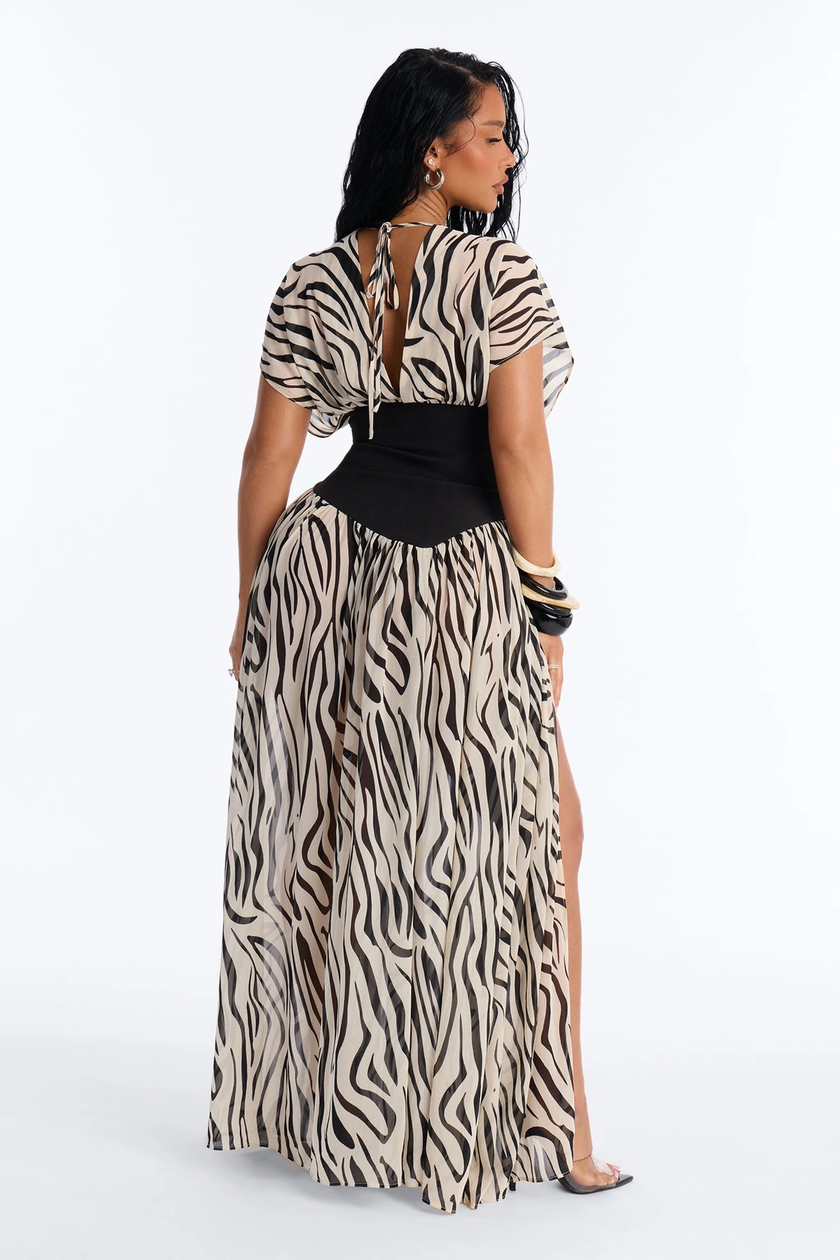 Dalilah Printed Chiffon Corset Maxi Dress - White/Black — Branco/Preto