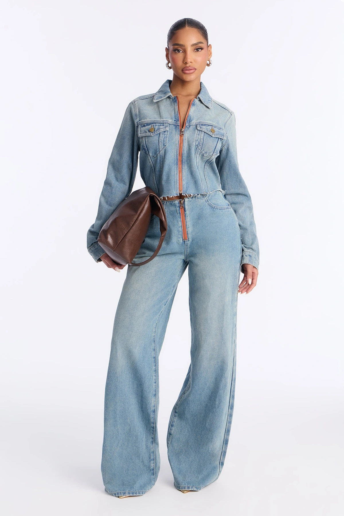 Tamara Washed Denim Jacket Pant Set - Medium Wash — Ganga de lavagem média