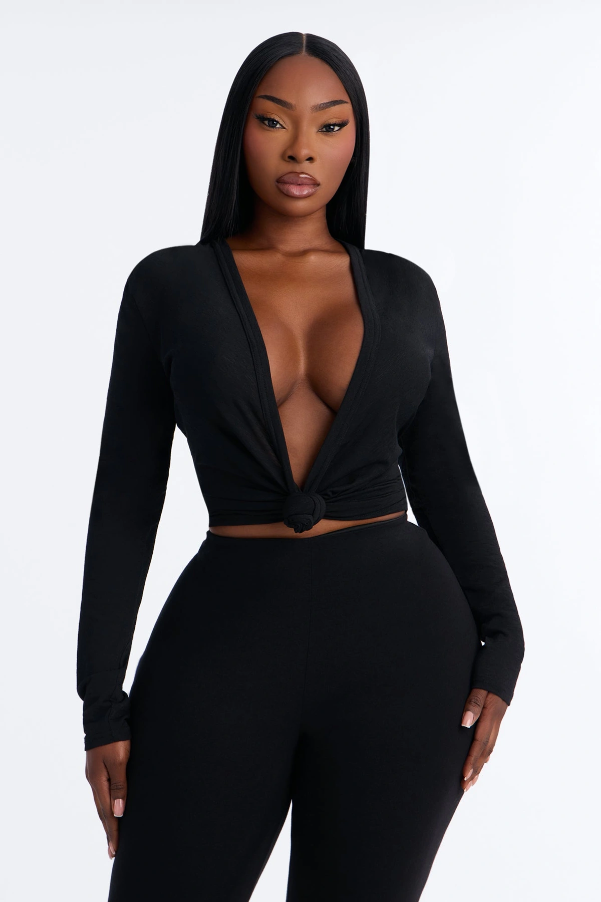 Selena Textured Knot Long Sleeve Top - Black — Preto