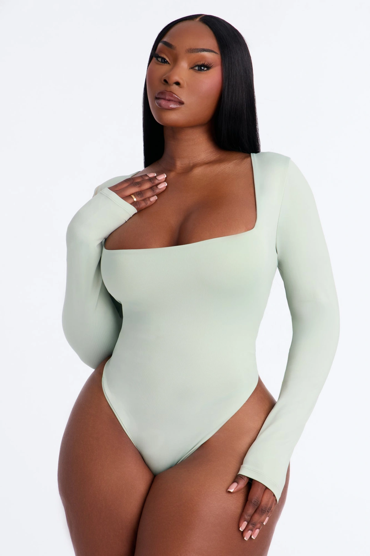 Contour Double Lined Long Sleeve Square Neck Bodysuit - Mint — Verde-menta