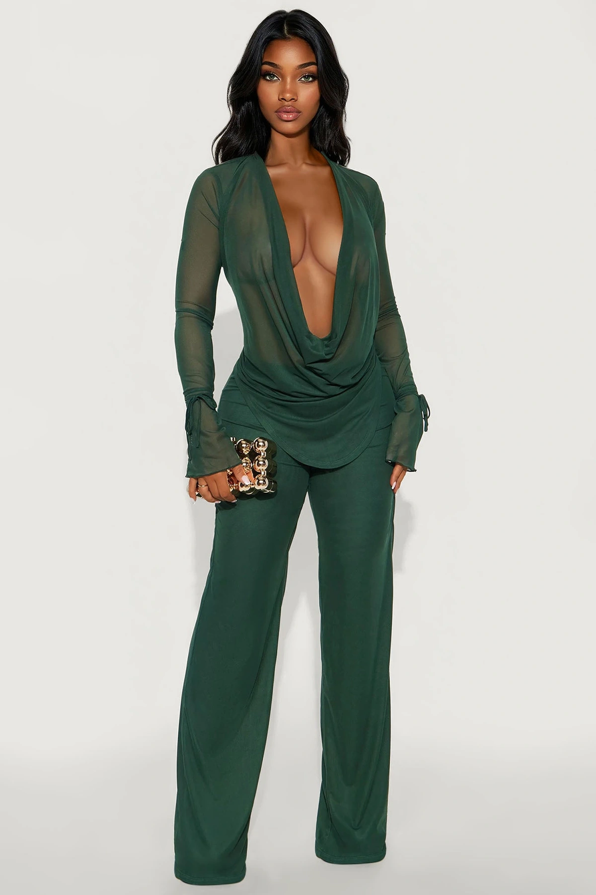 Silent Muse Cowl Neck Mesh Pant Set - Hunter — Verde-escuro