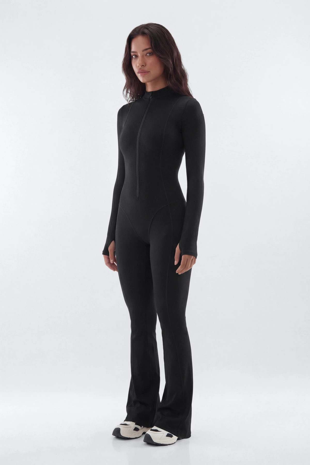 CloudForm™ 32″ Long Sleeve Flare Jumpsuit - Black — Preto