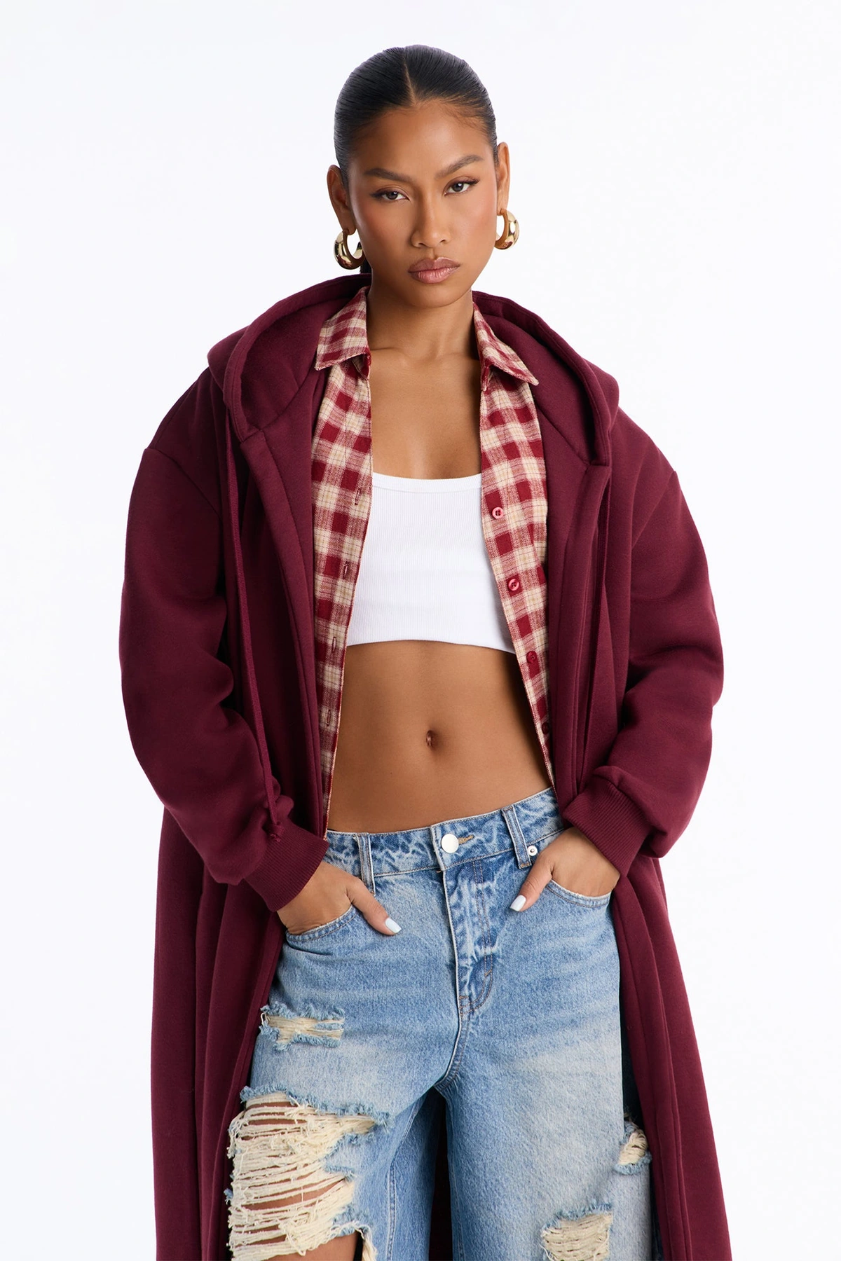 Jolie Cozy Fleece Trench - Burgundy — Bordô