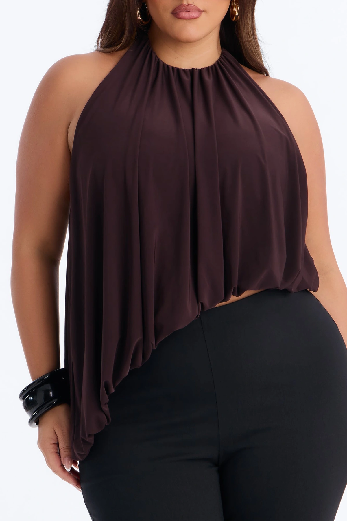Selena Ruched Asymmetrical Halter Top - Brown — Castanho