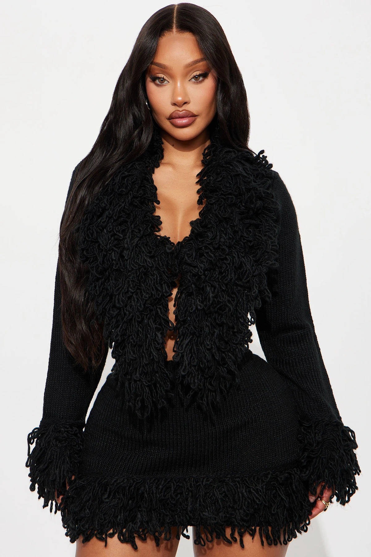 Nyla Fringe Sweater Cardigan Skirt Set - Black — Preto