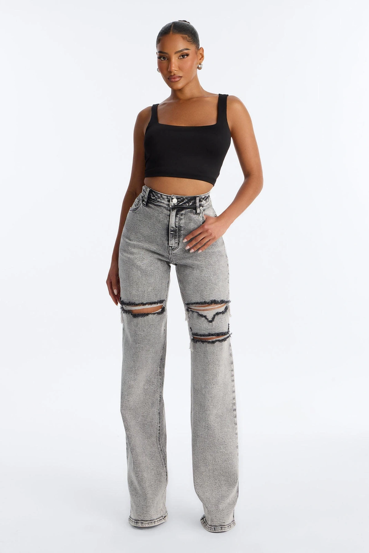 Tall Remi Ripped Stretch Baggy Jeans - Grey — Cinzento