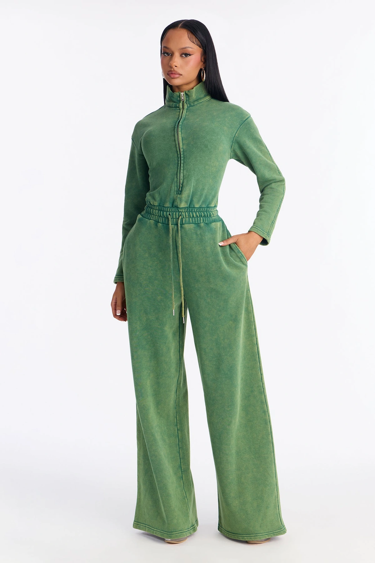 Busy Schedule Washed French Terry Jumpsuit - Hunter — Verde-escuro