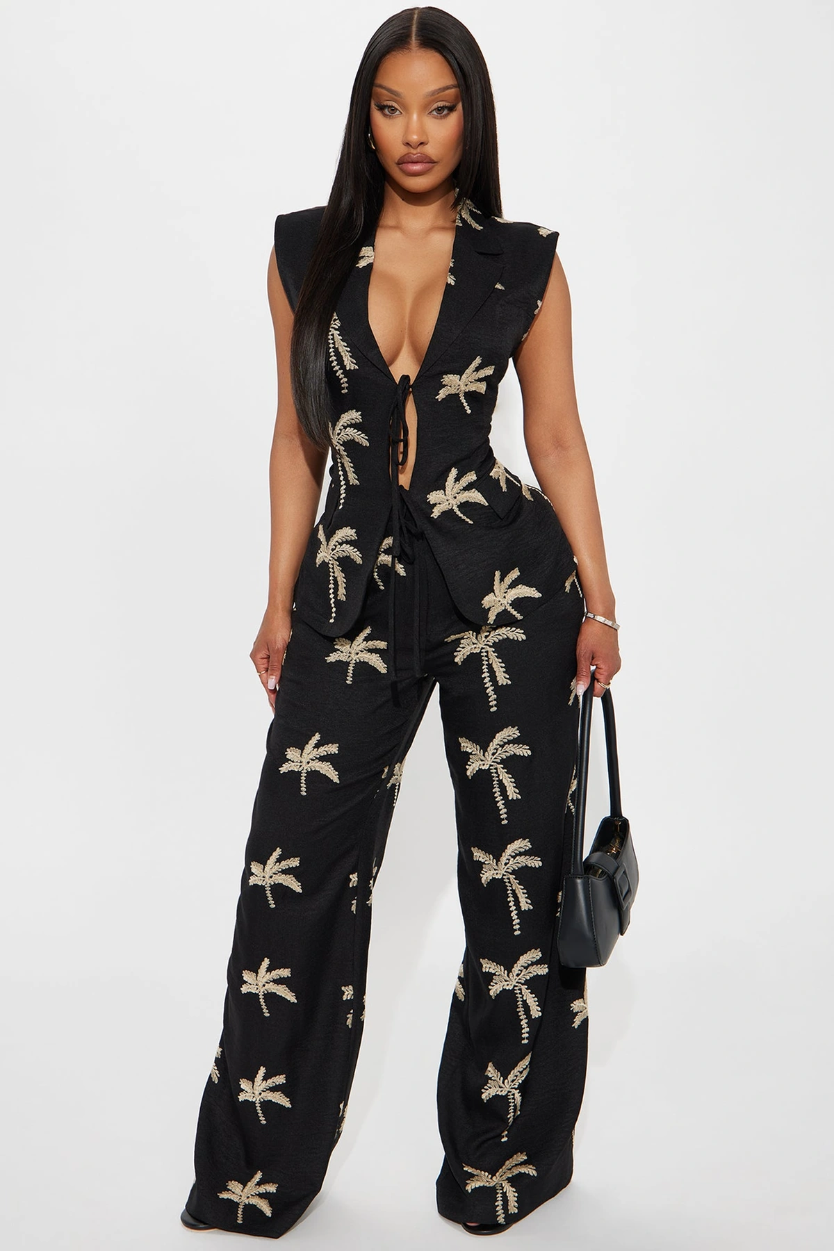 Vacation Palms Linen Pant Set - Black — Preto