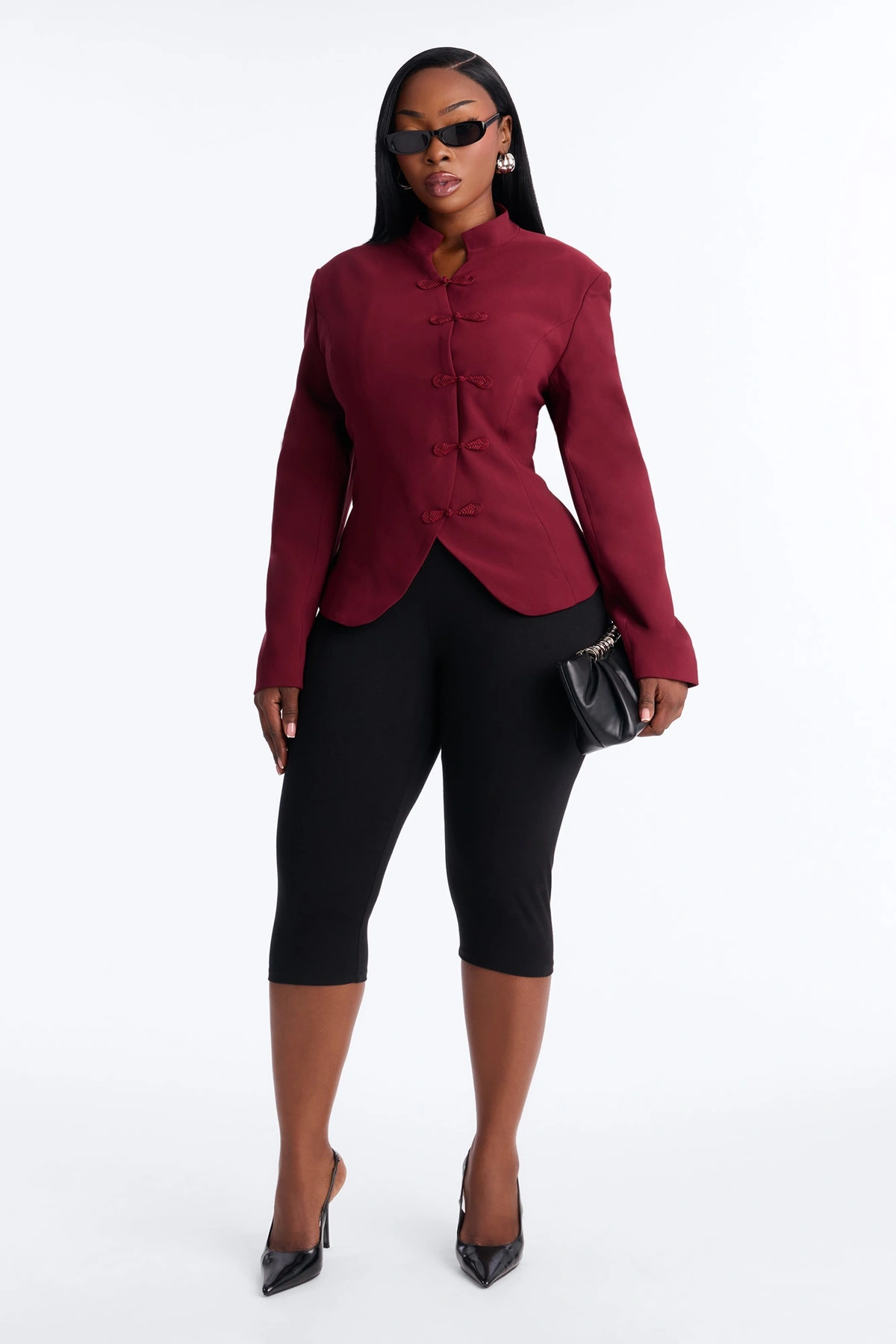 Daphne Frog Closure Peplum Blazer - Burgundy — Bordô