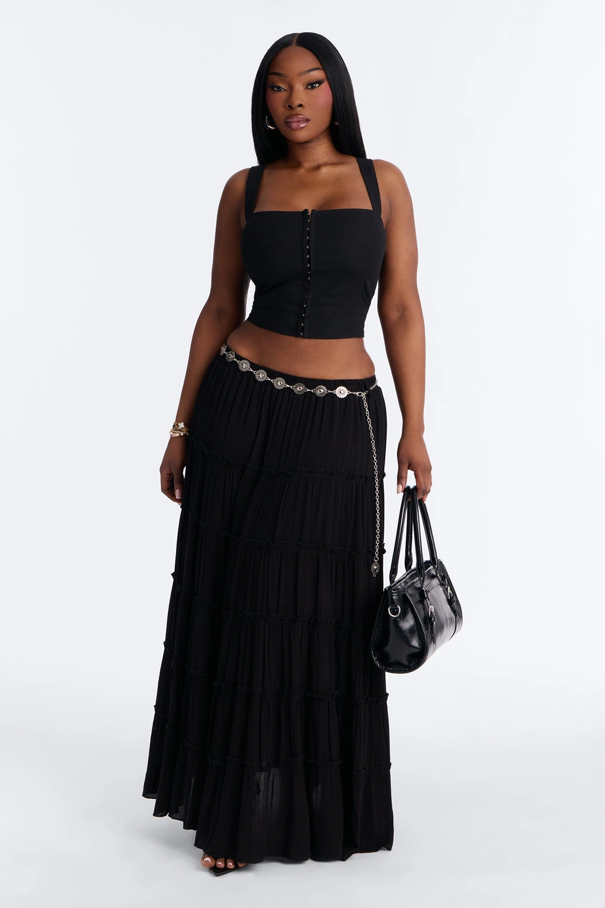 Free Spirit Low Rise Belted Tiered Maxi Skirt - Black — Preto