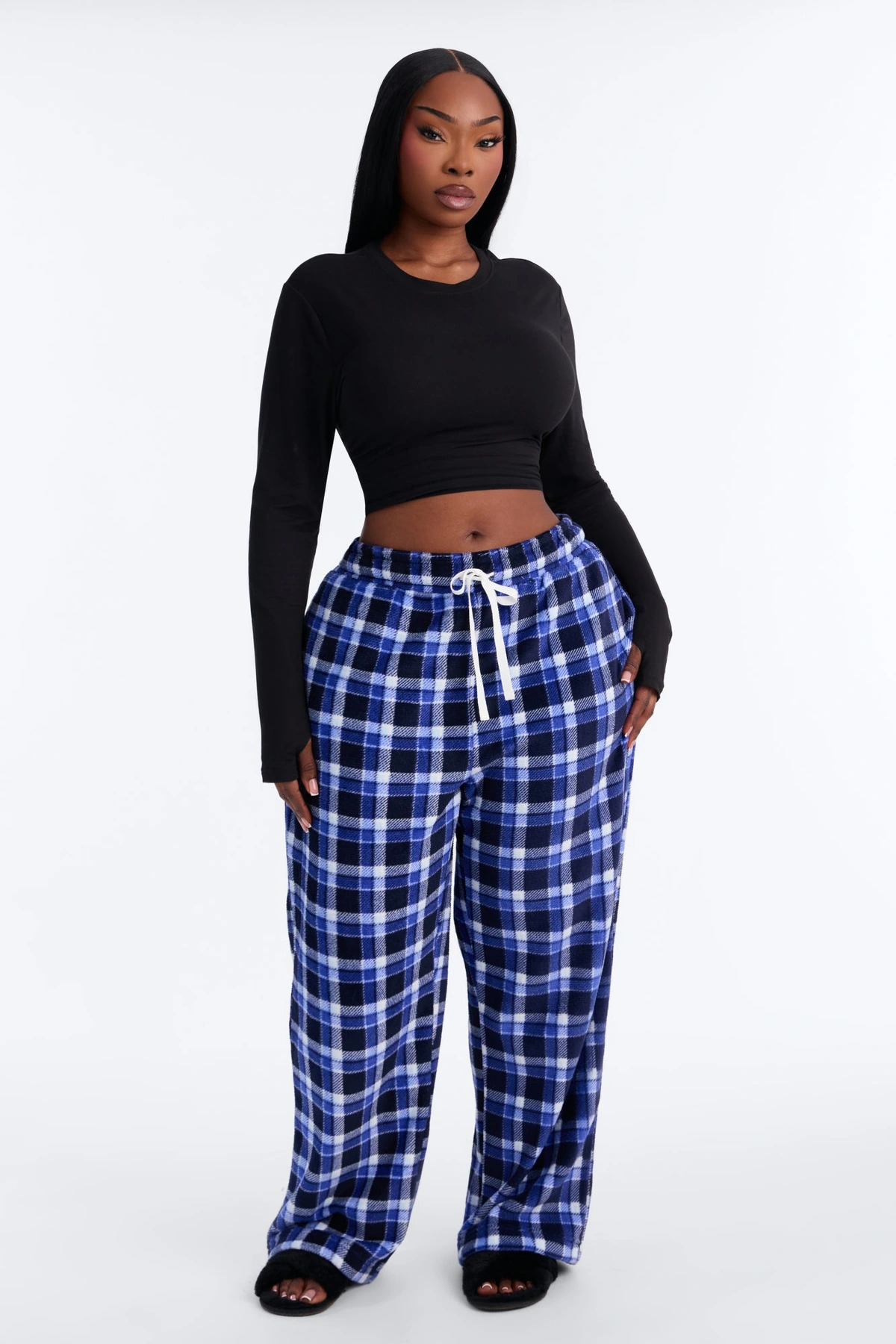 Chill Night Plaid Wide Leg Plush PJ Pant - Blue — Azul