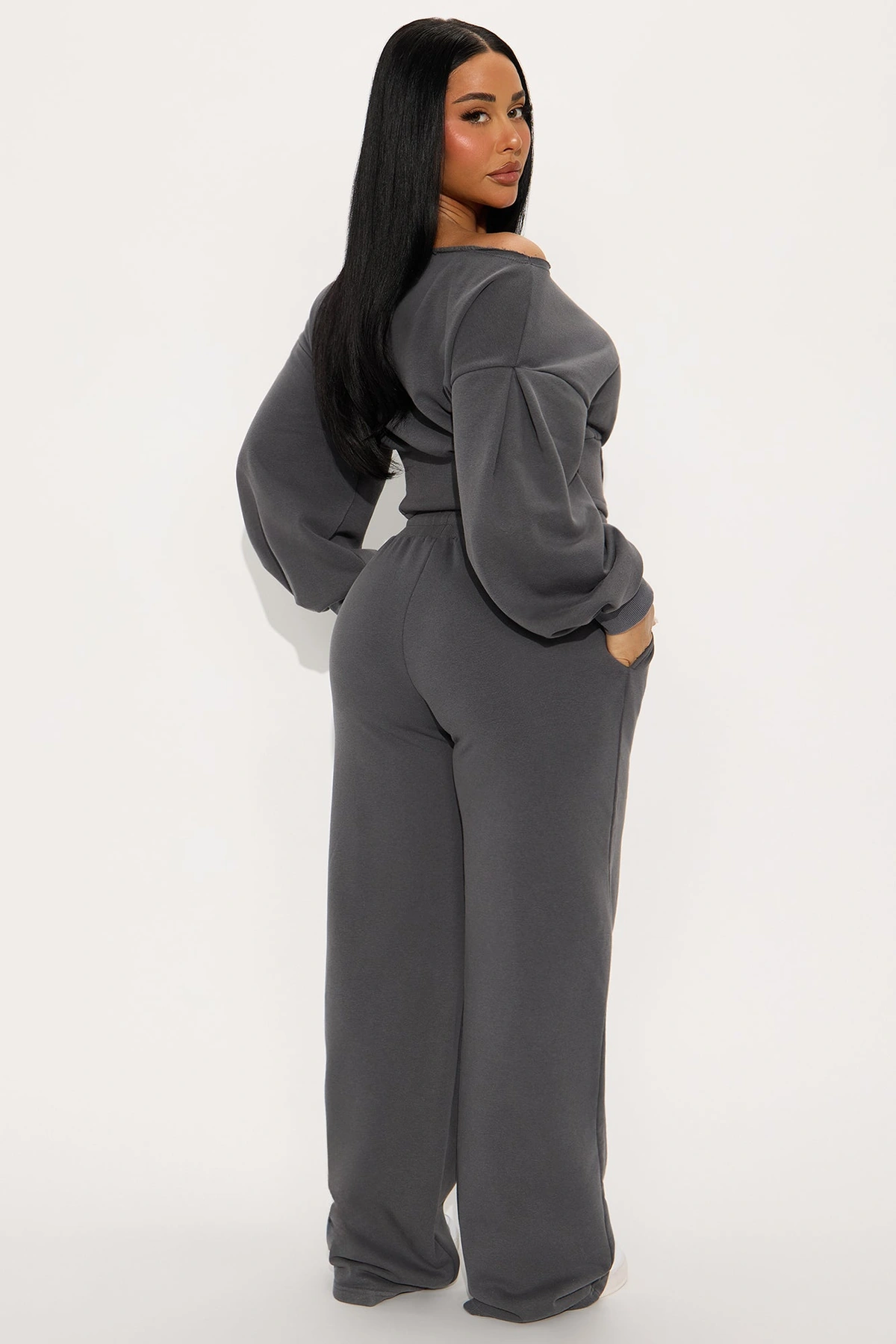 Come Find Me Washed Fleece Mix Pant Set - Charcoal — Cinzento-escuro