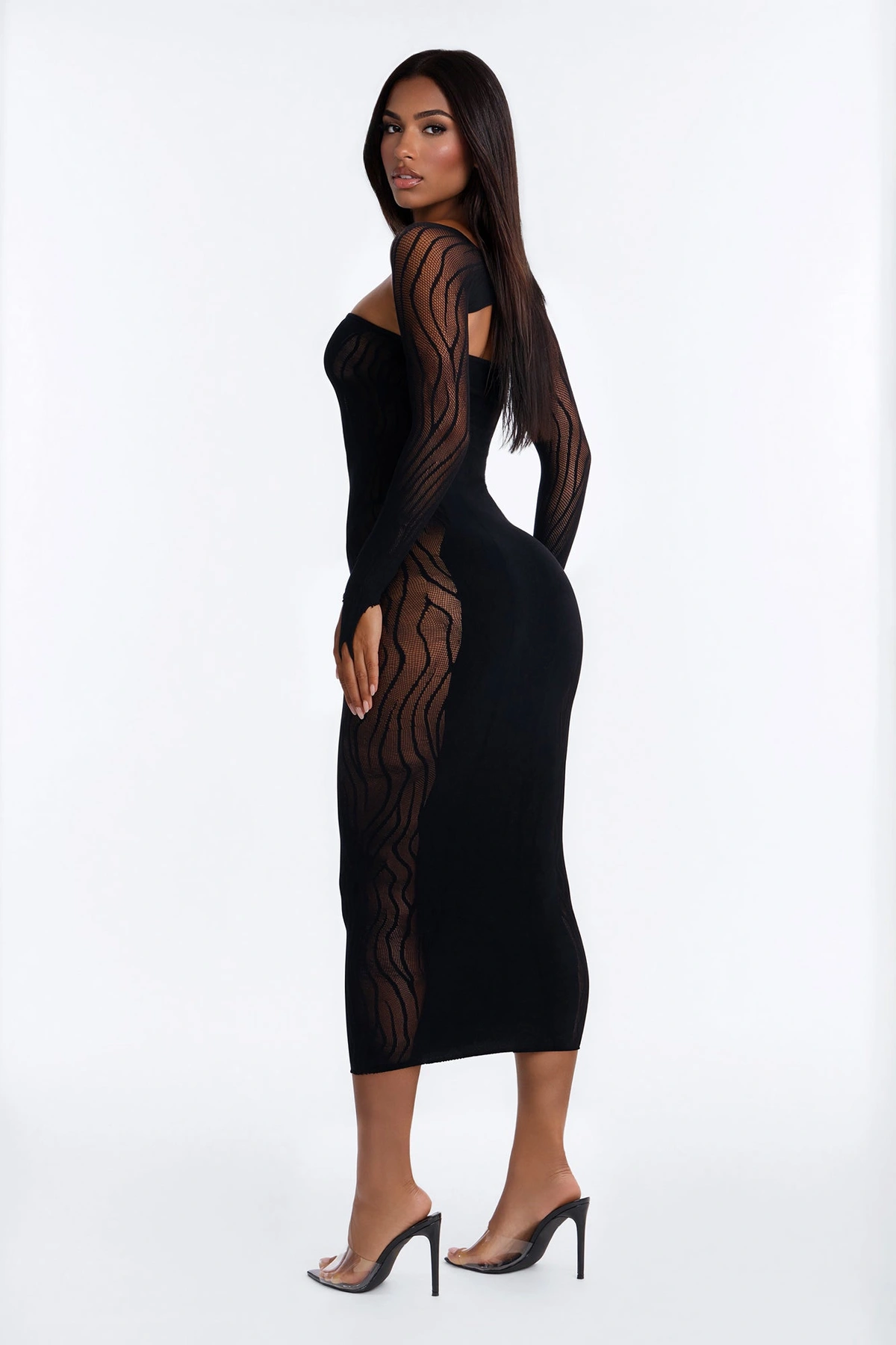 Whispering Sheer Midi Bodystocking Dress - Black — Preto