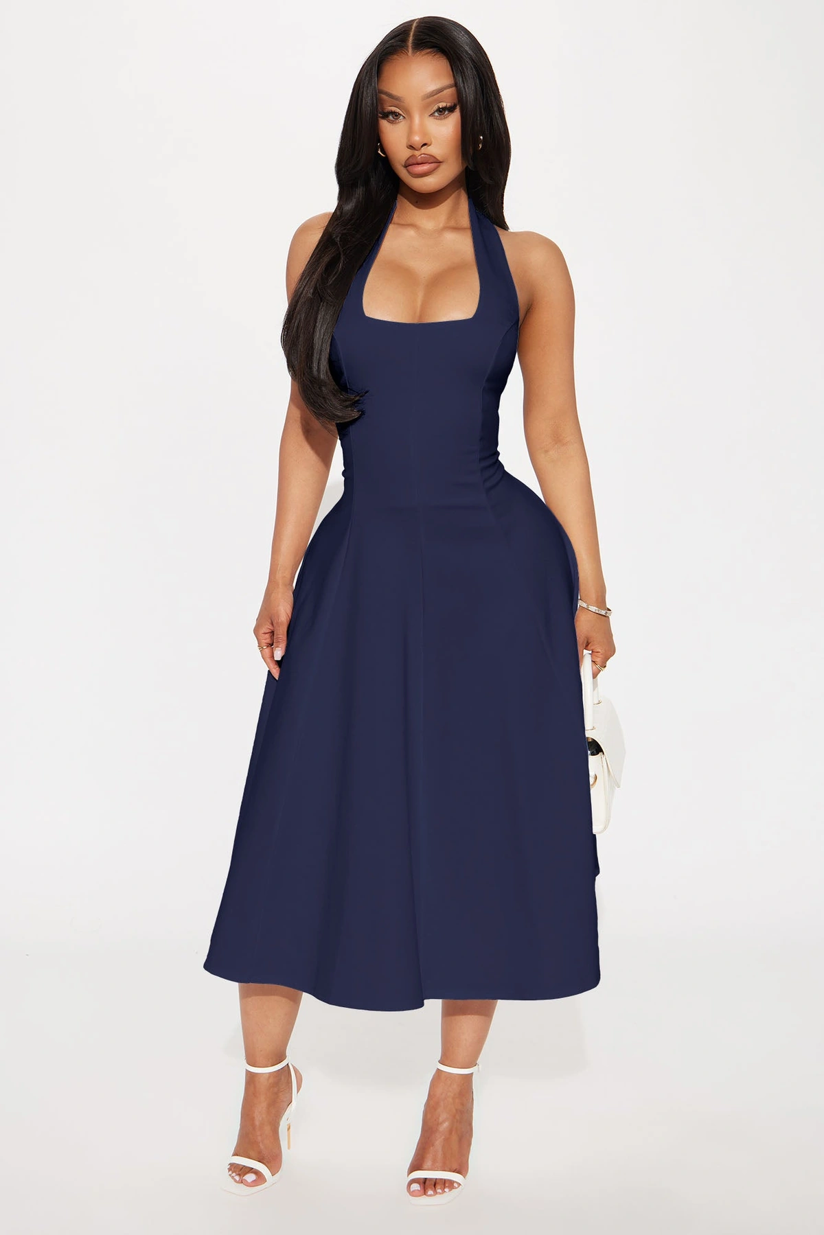 Mabel Ponte Midi Dress - Navy — Azul-marinho