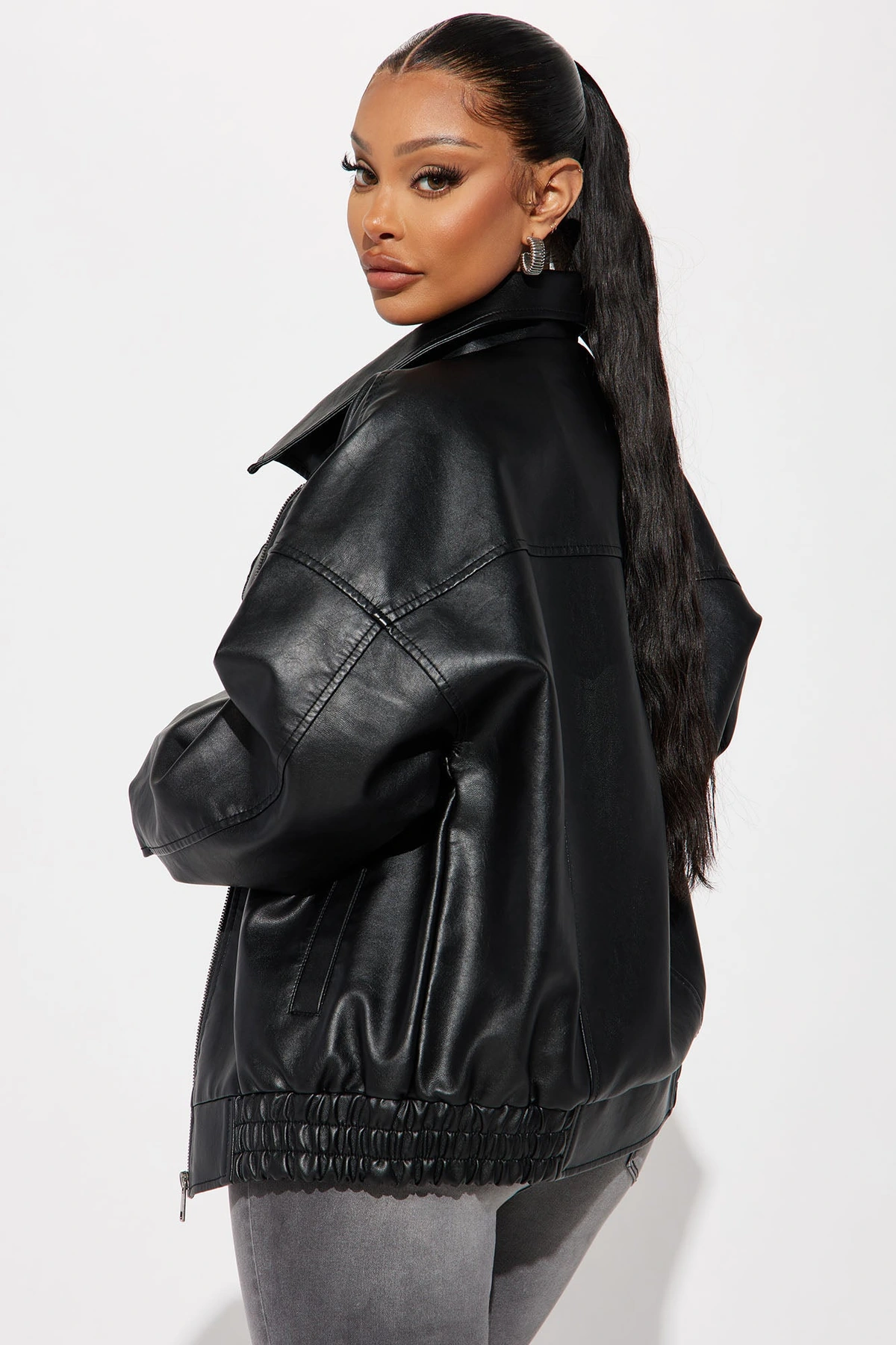 Hustle Mode Oversized Faux Leather Jacket - Black — Preto