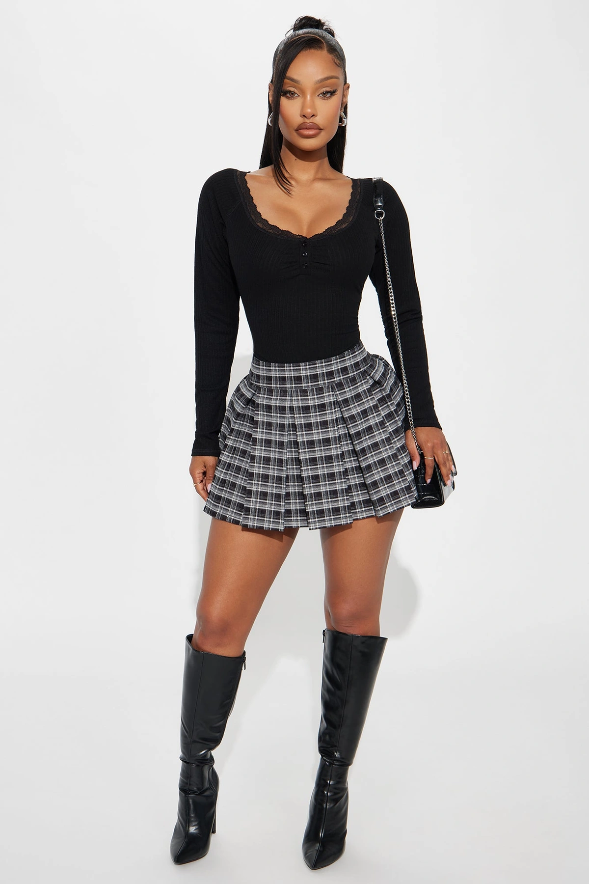 Augustine Plaid Pleated Mini Skirt - Black/combo — Preto/combinação