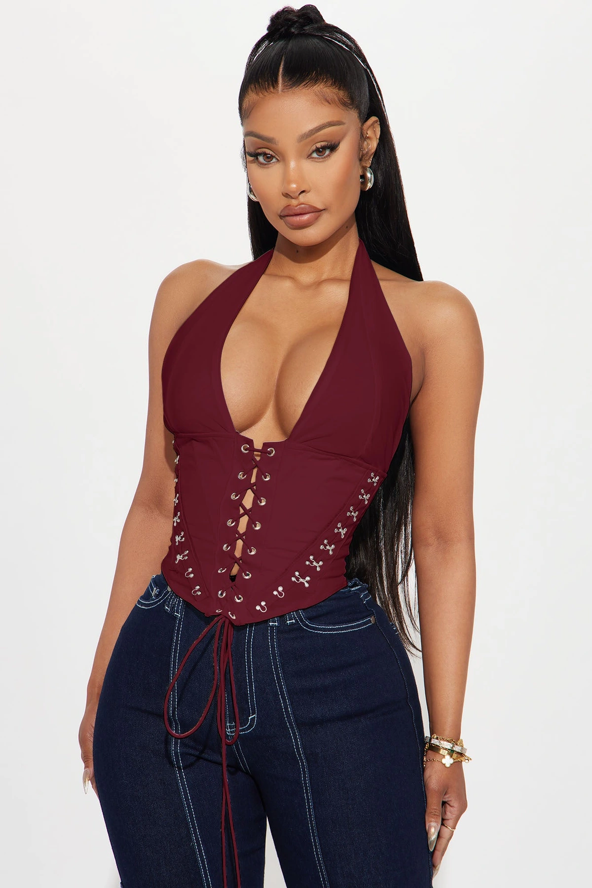 Alexis Lace Up Halter Top - Burgundy — Bordô