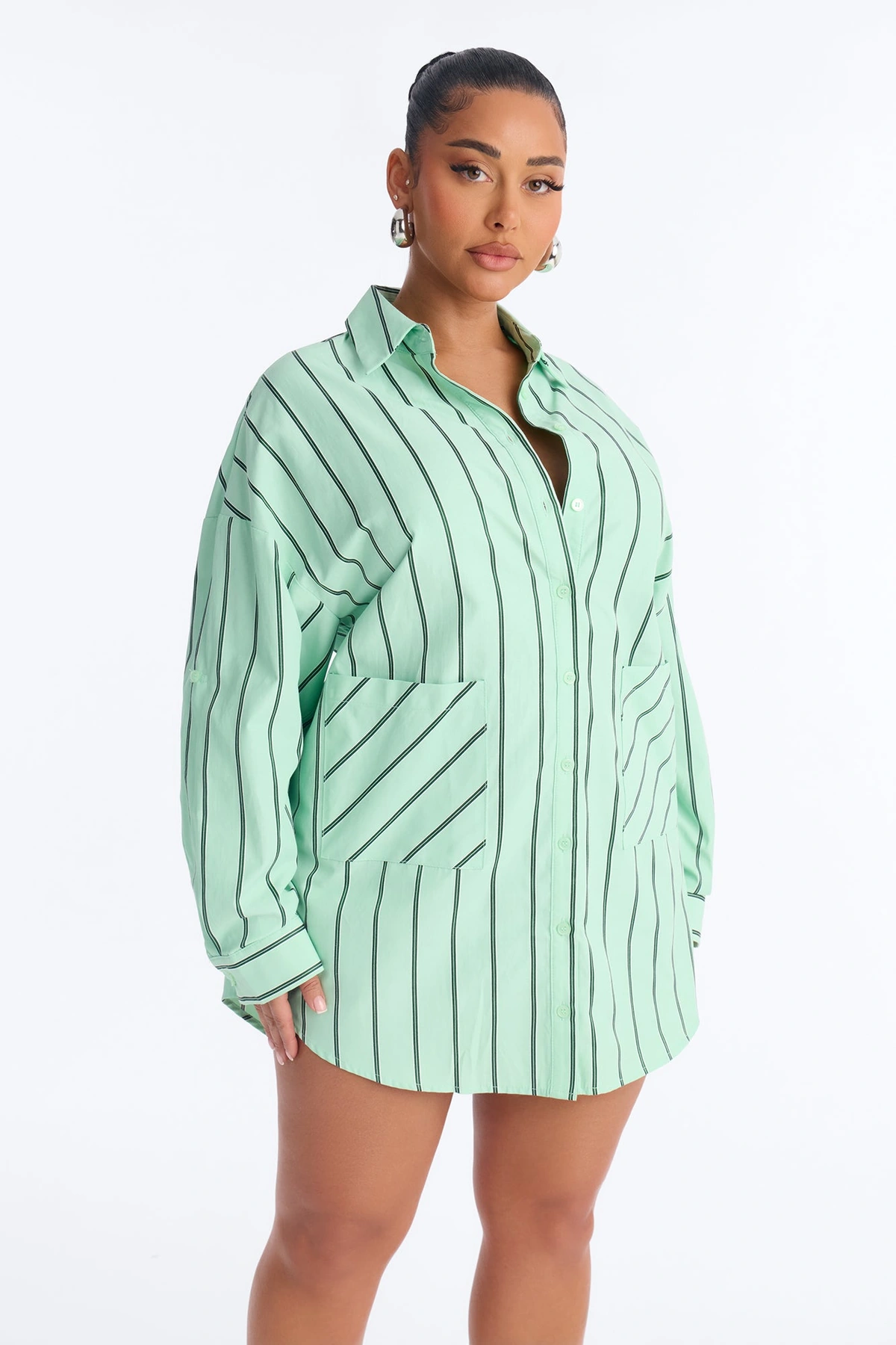 Izzy Pinstripe Shirt Micro Mini Dress - Green — Verde