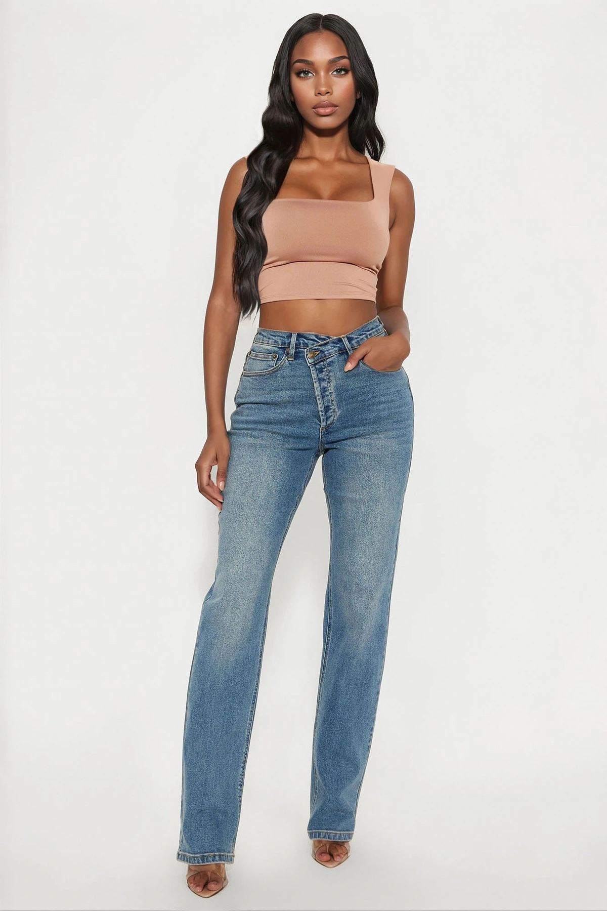 Tall In Sync Stretch Crossover Straight Leg Jeans - Dark Wash — Ganga de lavagem escura