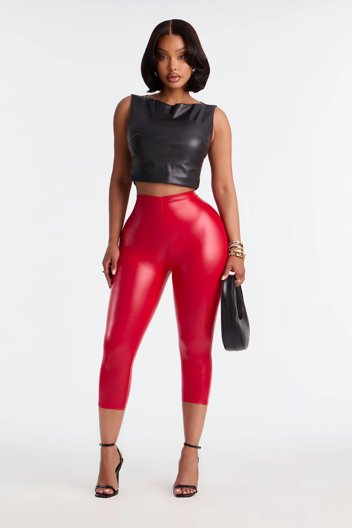 Linda Mid Rise Faux Leather Capri Legging 19″ - Red — Vermelho