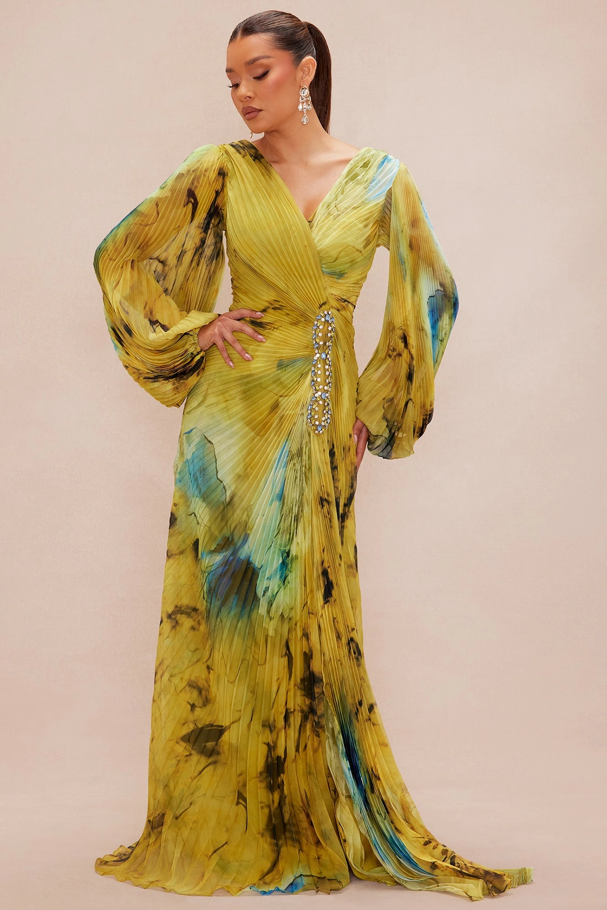 Luna Pleated Maxi Dress - Green/combo — Verde/combinação