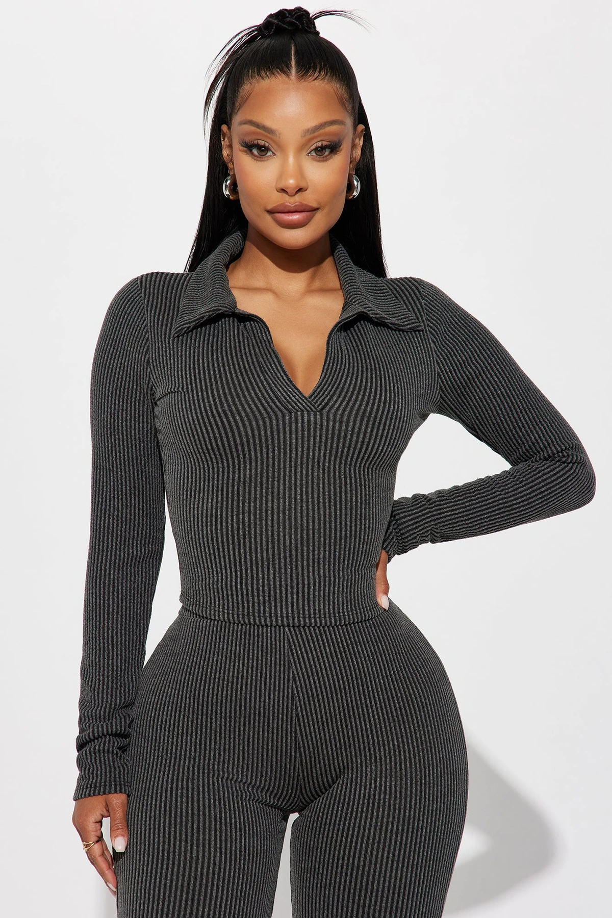 Josie Ribbed Long Sleeve Set - Charcoal — Cinzento-escuro