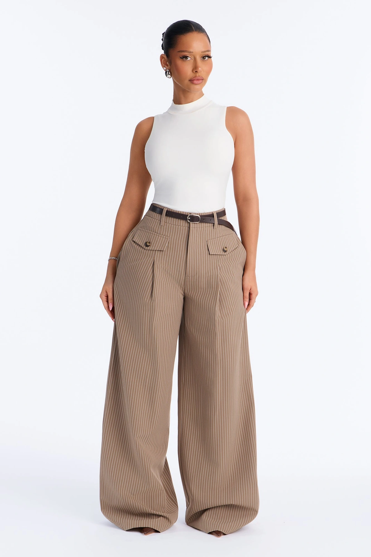 Maisie High Rise Belted Wide Leg Trouser - Taupe — Bege acinzentado