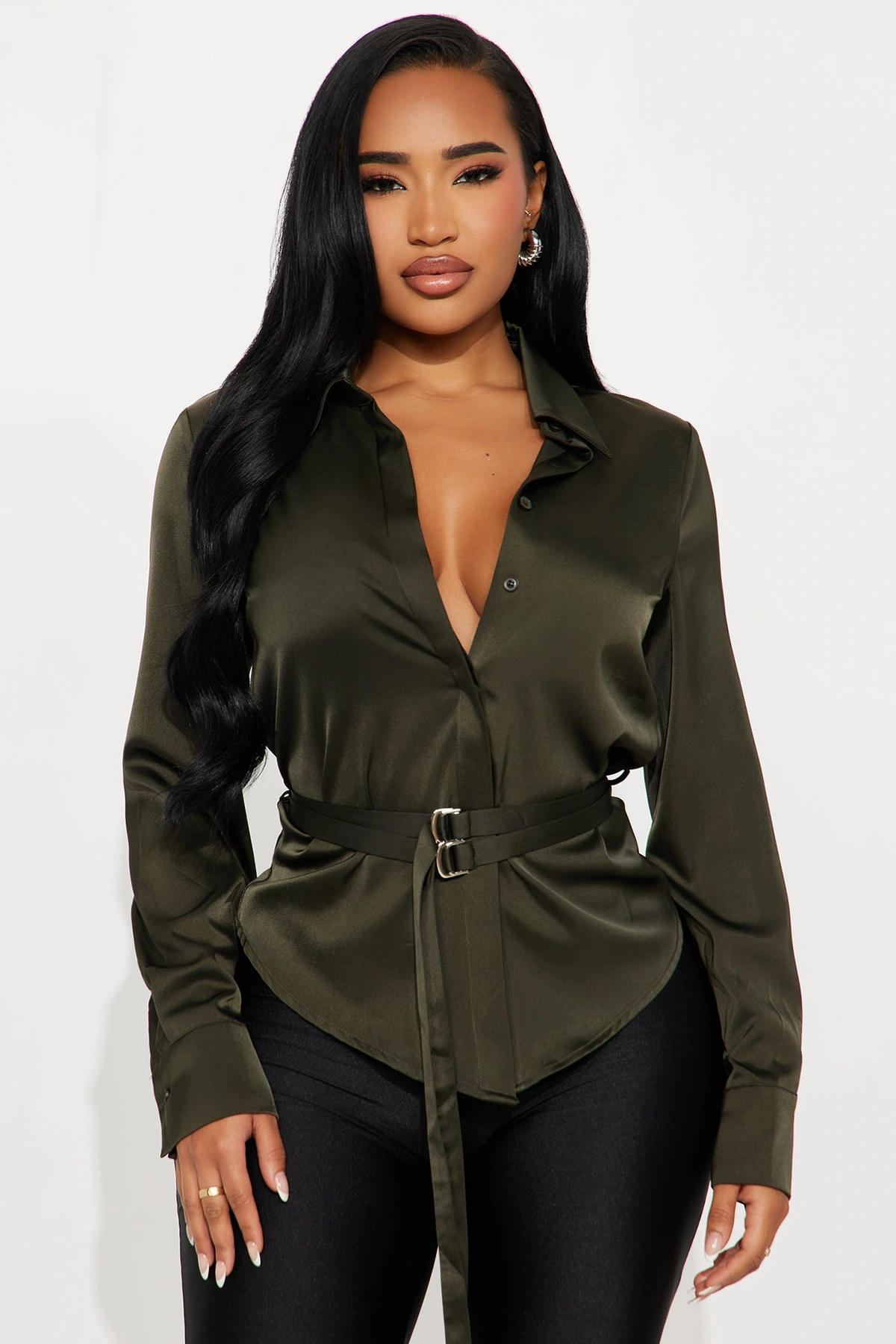 Pull It Together Belted Satin Shirt - Olive — Verde-azeitona