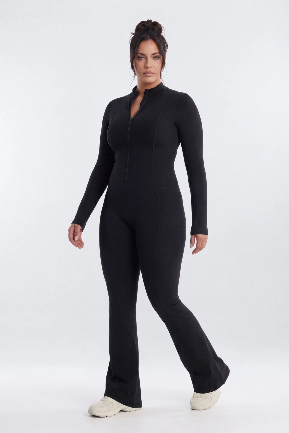 CloudForm™ 32″ Long Sleeve Flare Jumpsuit - Black — Preto