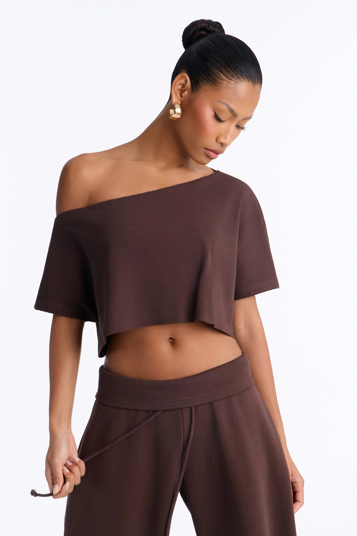 Mila Off Shoulder Top And Sweatpant Set - Chocolate — Chocolate