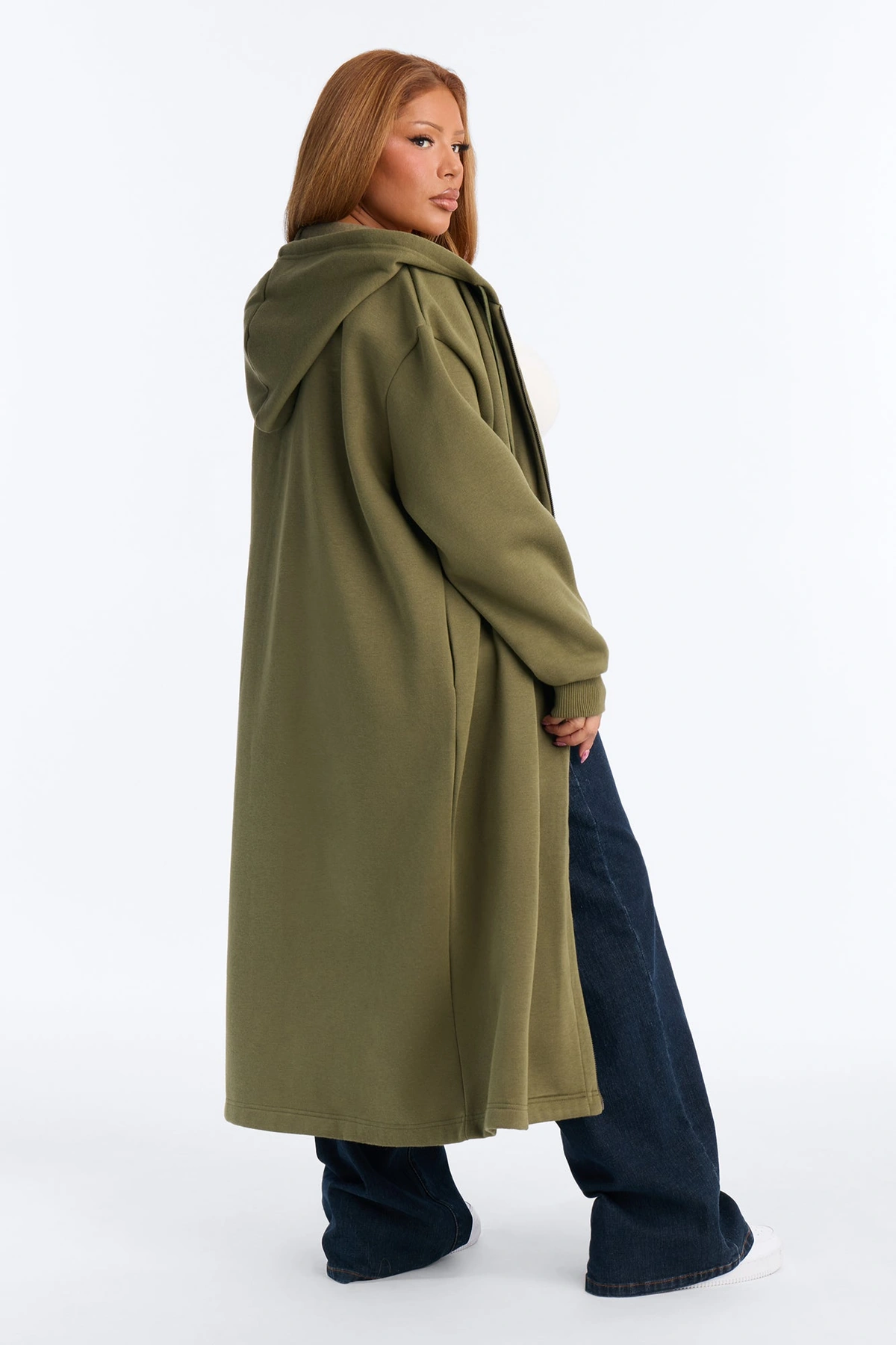 Sunday Lounge Fleece Hooded Long Jacket - Olive — Verde-azeitona