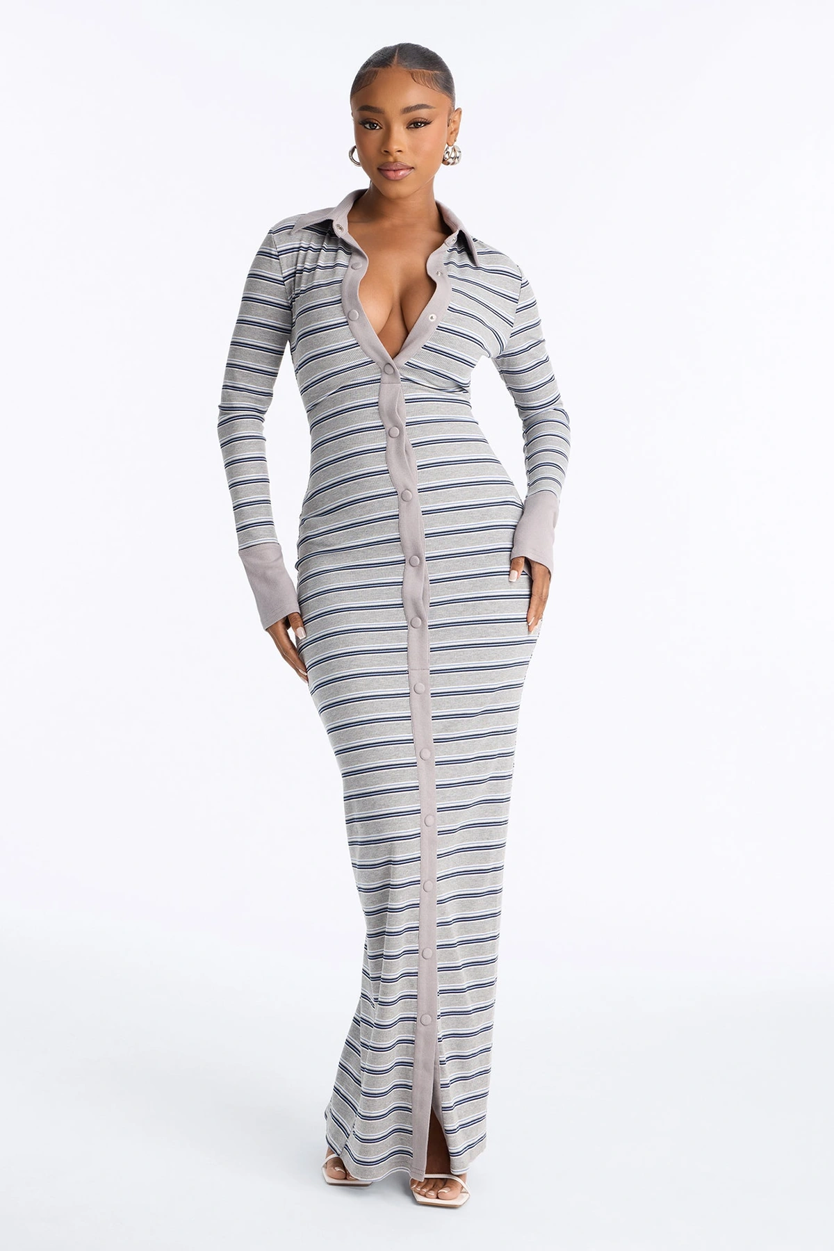 Mireya Striped Ribbed Maxi Dress - Grey/combo — Cinzento/combinação