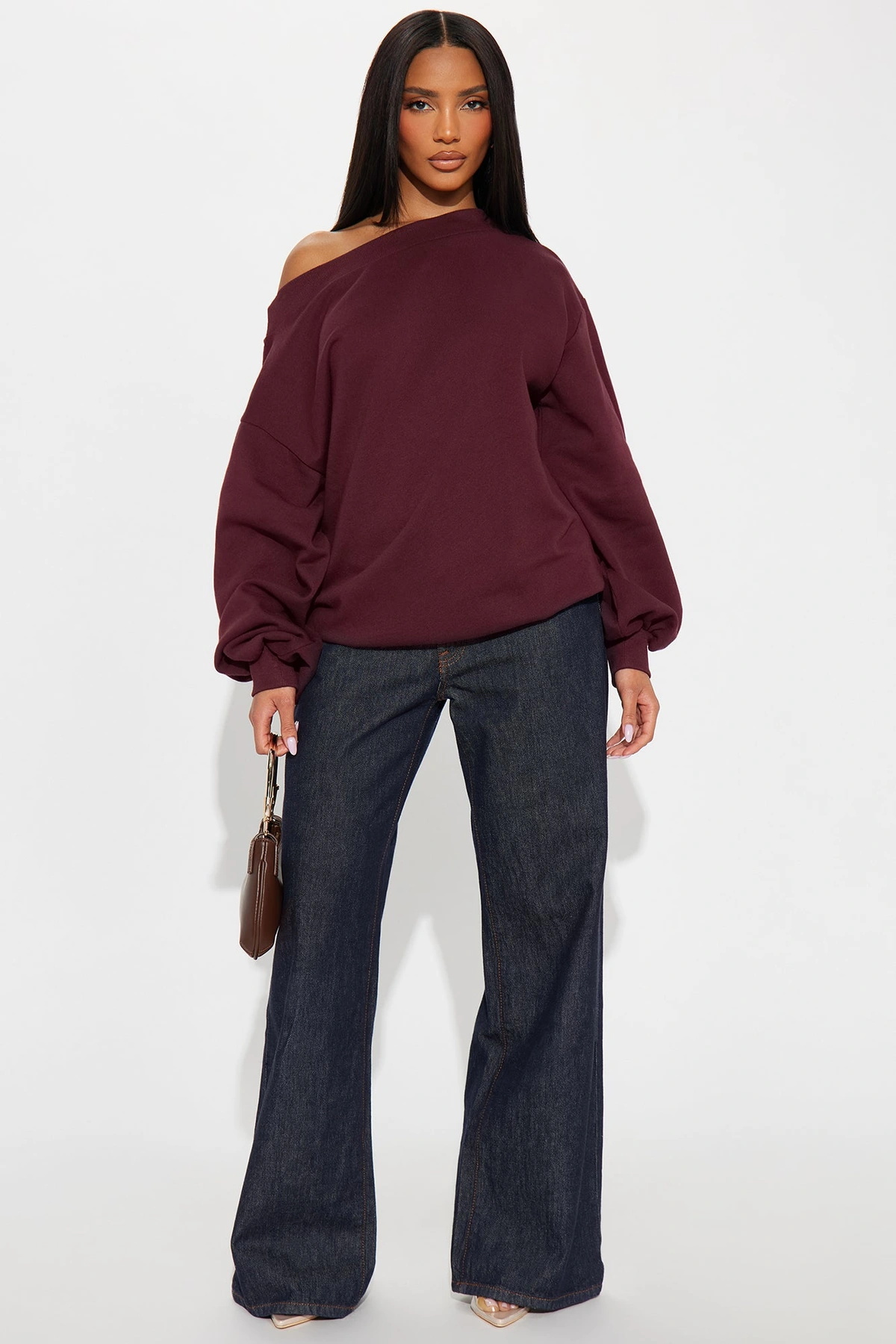 Vera Off Shoulder Oversized Sweatshirt - Burgundy — Bordô