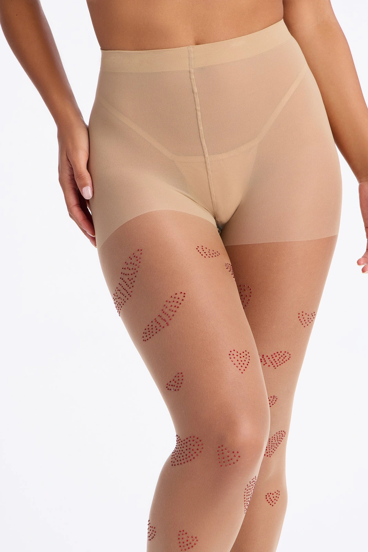 Heart Me Down Sheer Rhinestone Heart Tights - Nude — Nude