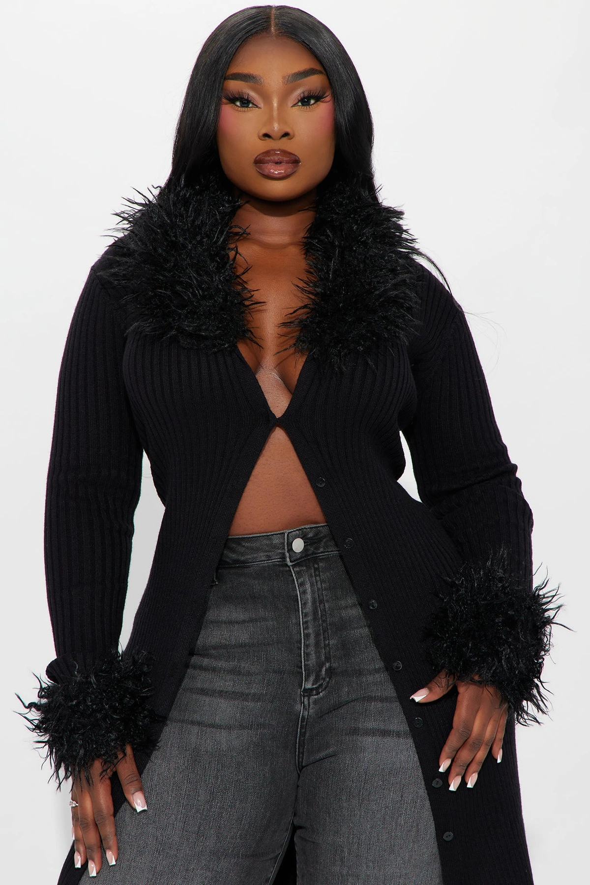 True Royalty Faux Fur Cardigan - Black — Preto