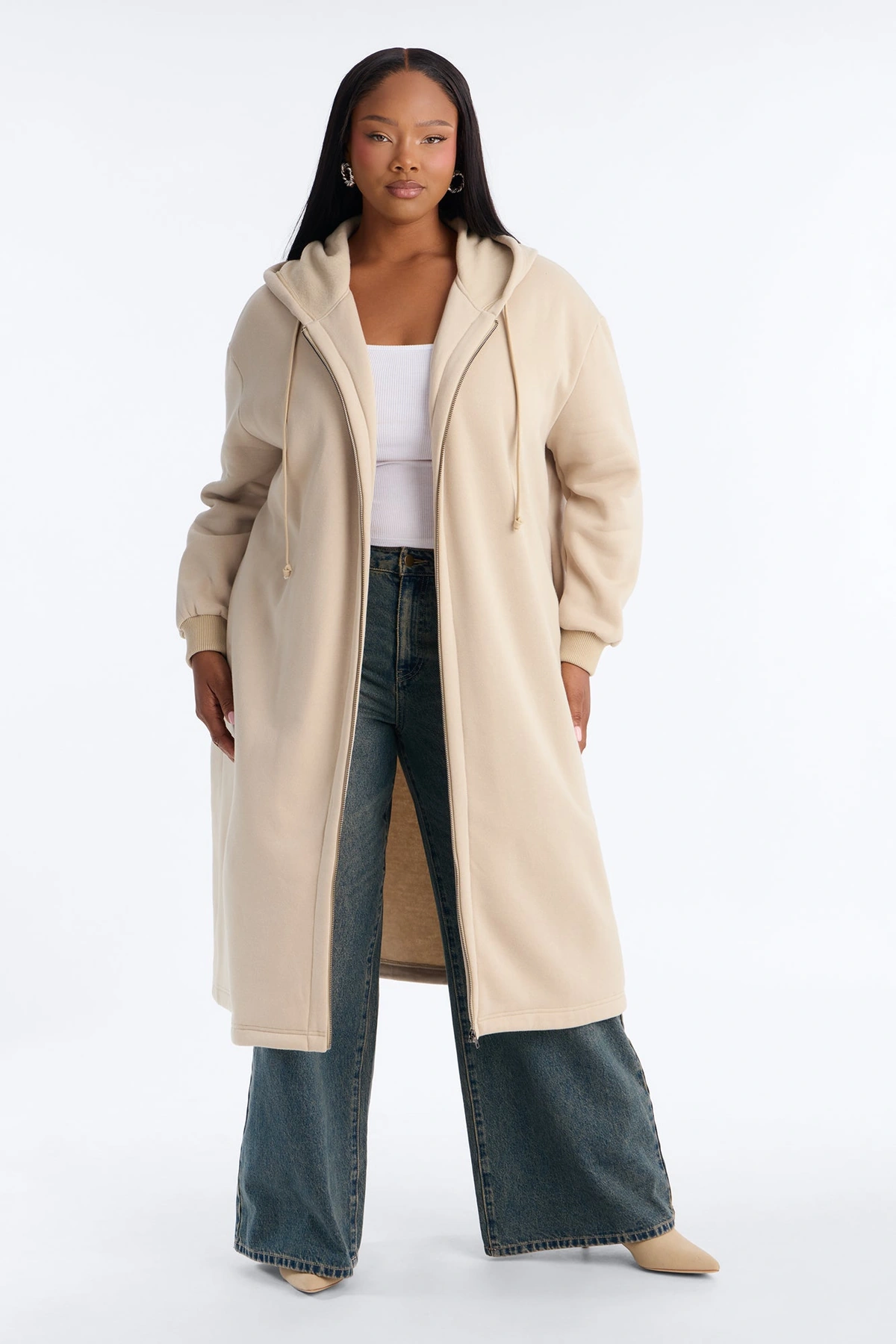 Sunday Lounge Fleece Hooded Long Jacket - Taupe — Bege acinzentado