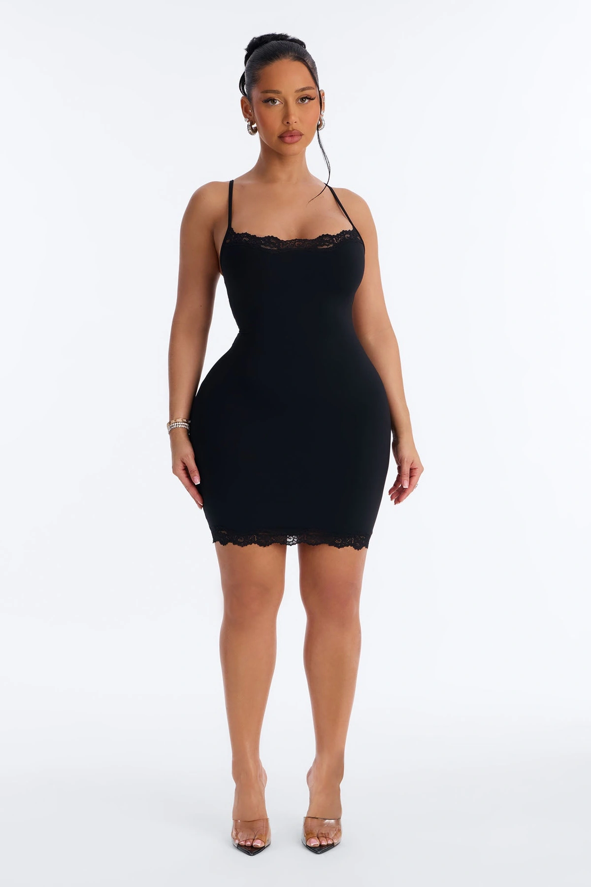Second Skin Double Lined Lace Trim Cami Mini Dress - Black — Preto