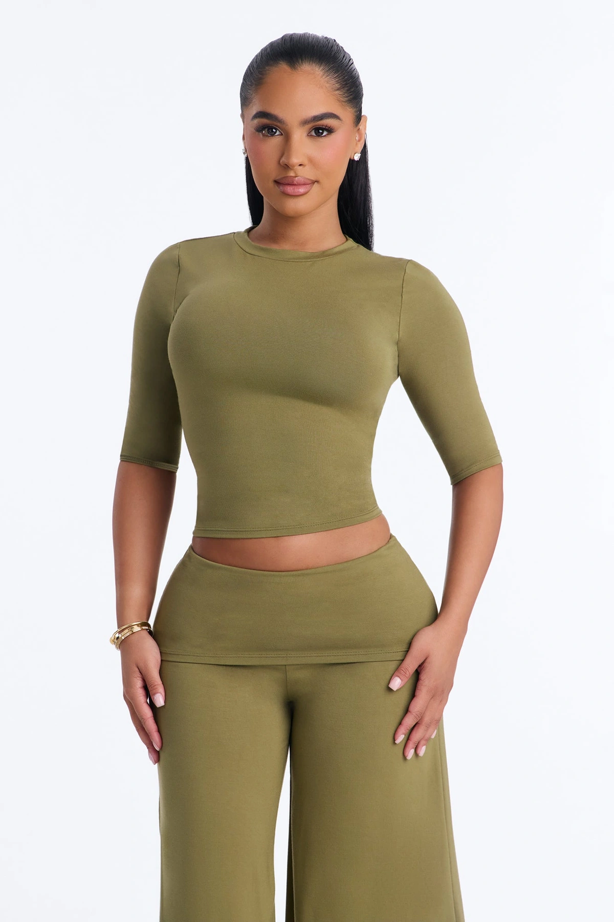 Kyla Foldover Gaucho Pant Set - Olive — Verde-azeitona