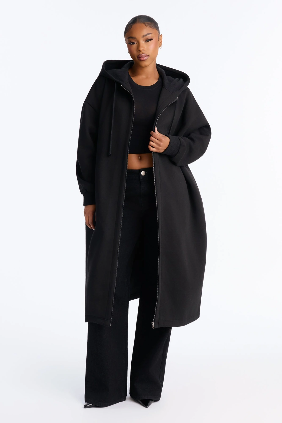 Sunday Lounge Fleece Hooded Long Jacket - Black — Preto
