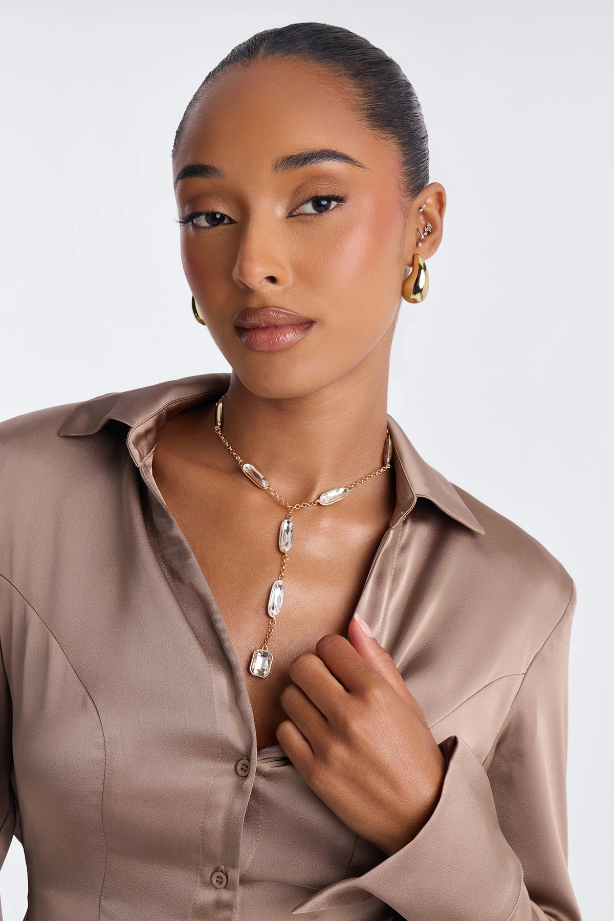 Pieces Of Me Rhinestone Lariat Necklace - Gold — Dourado