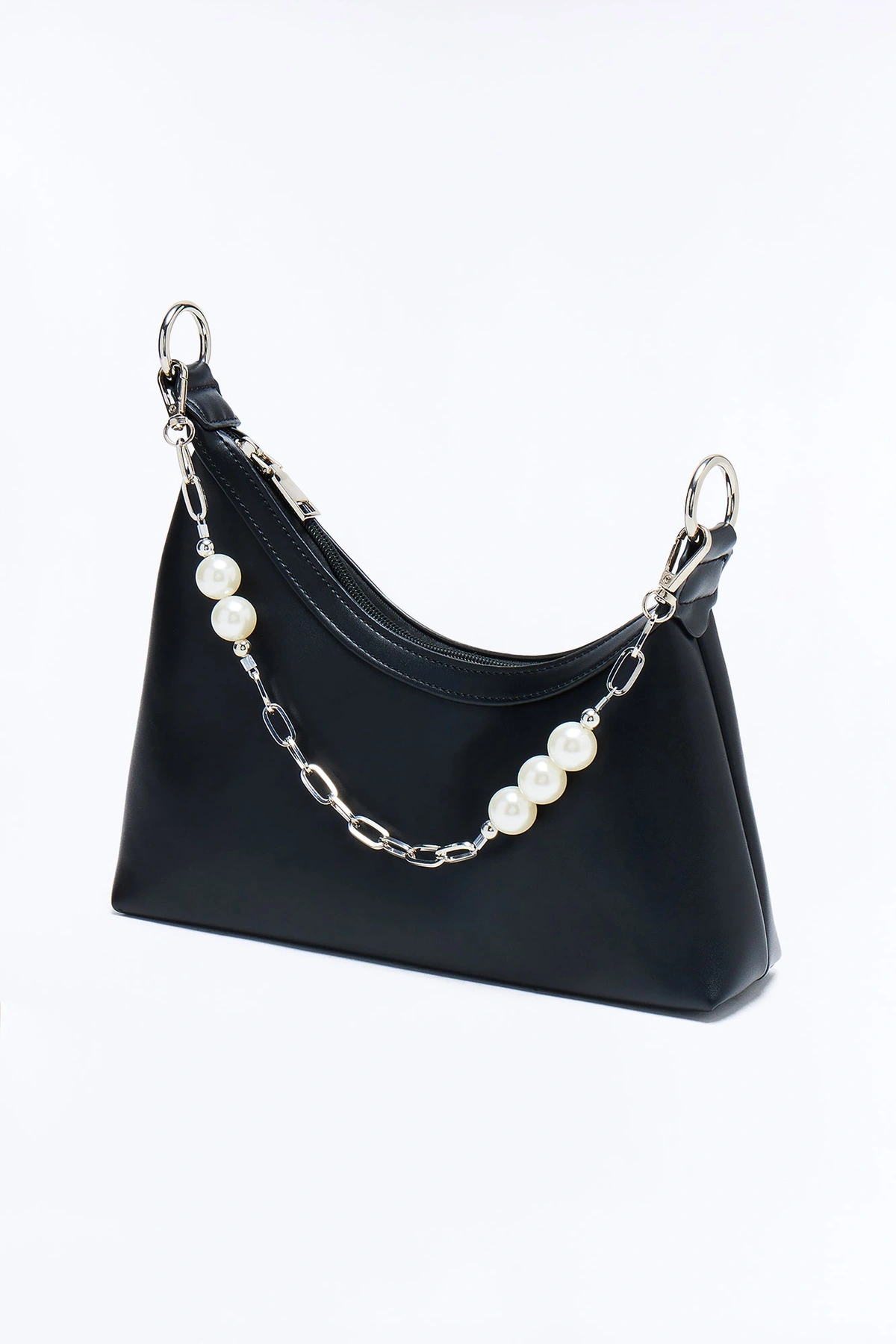 Pearls And Chains Faux Leather Shoulder Handbag - Black — Preto