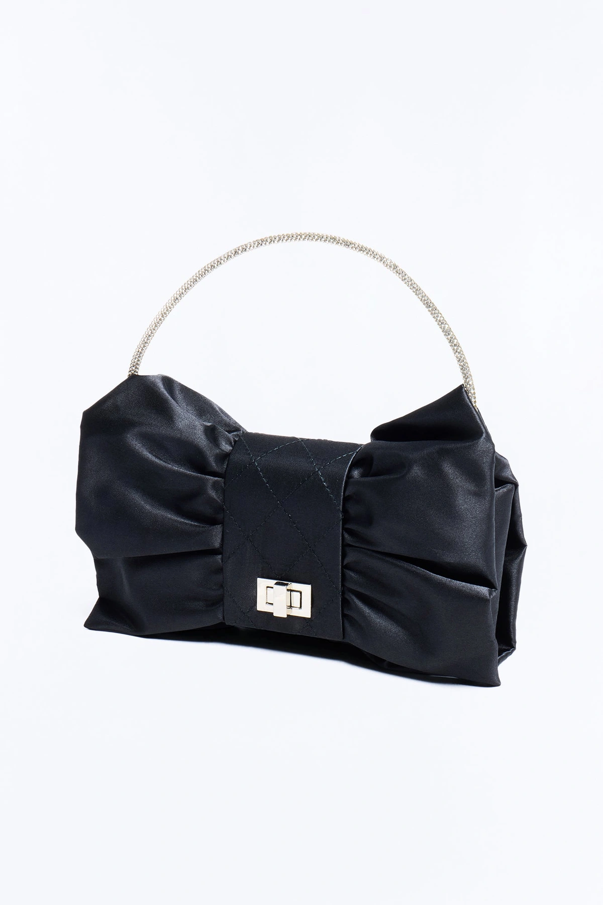 Bow Down Satin Satchel Handbag - Black — Preto