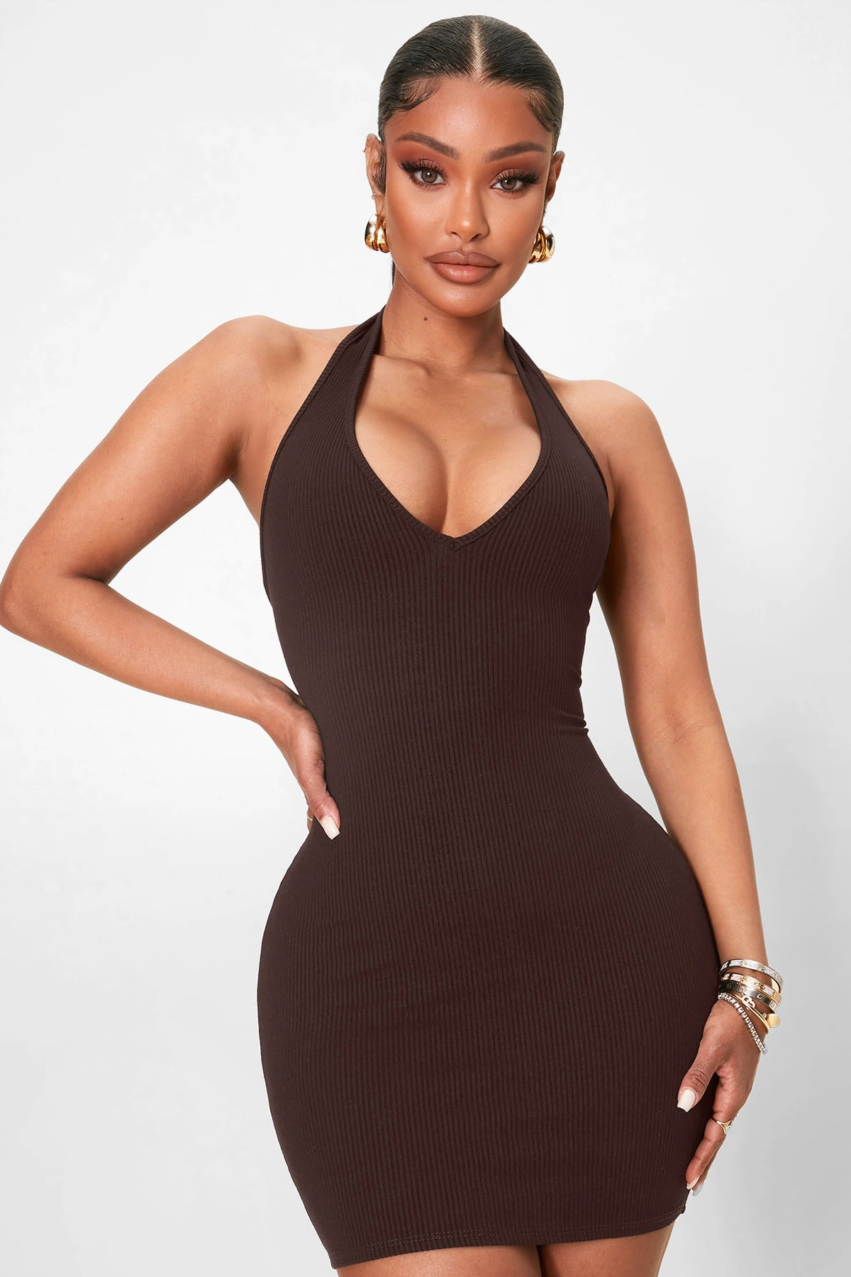 Celeste Snatched Halter Mini Dress - Chocolate — Chocolate