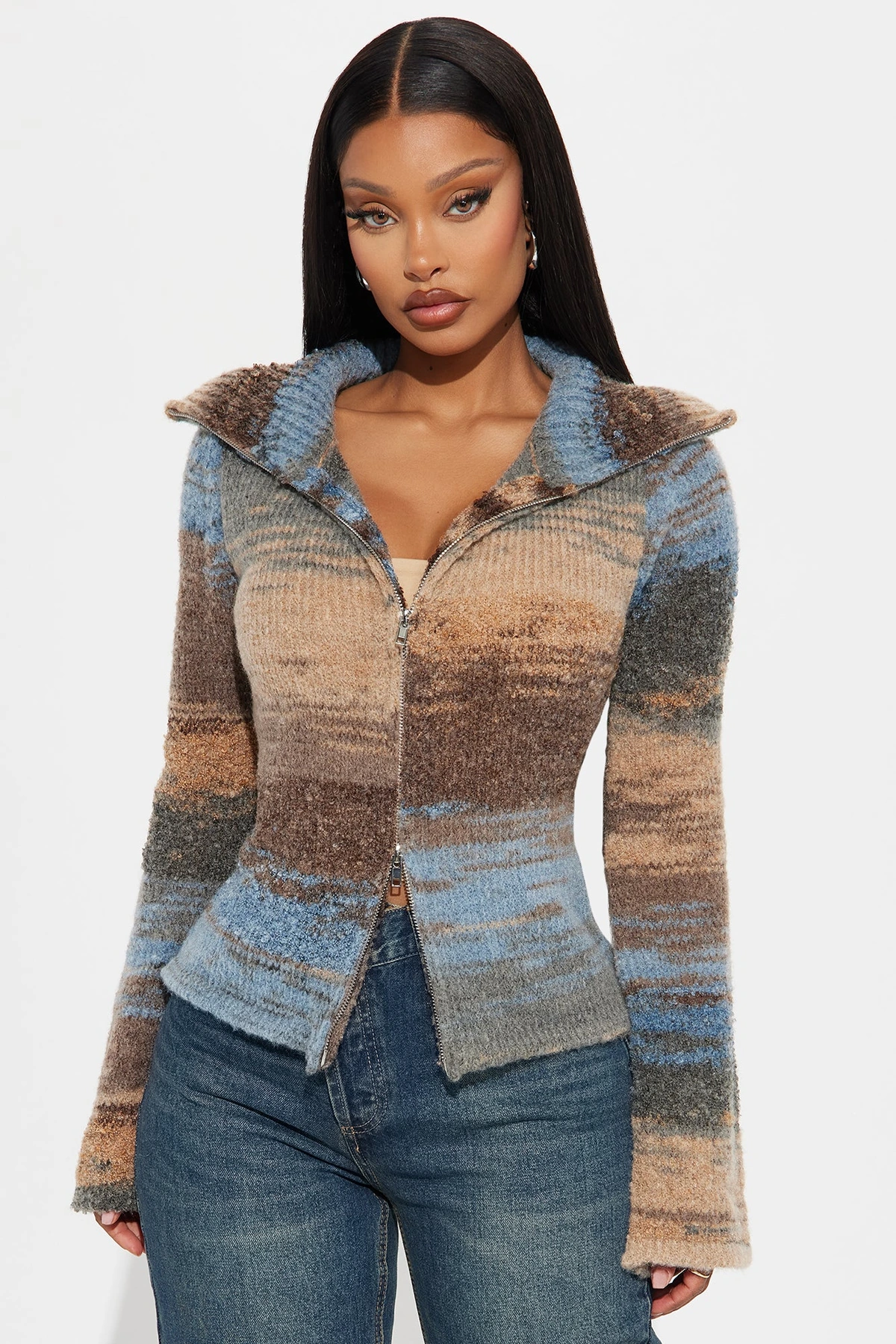 Take Your Time Front Zip Sweater - Blue/combo — Azul/combinação