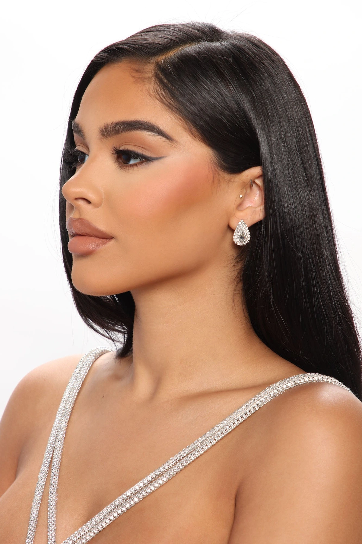 Tear Drop Rhinestone Earrings - Silver — Prateado