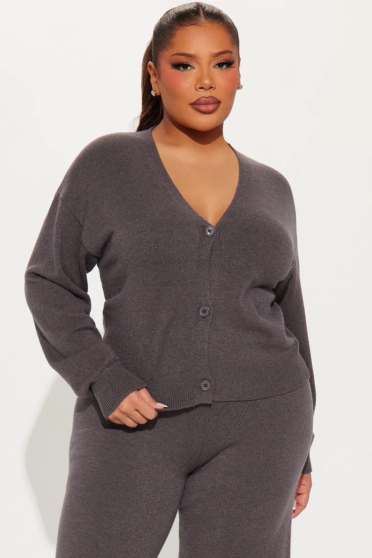 Without A Care Sweater Cardigan Pant Set - Charcoal — Cinzento-escuro