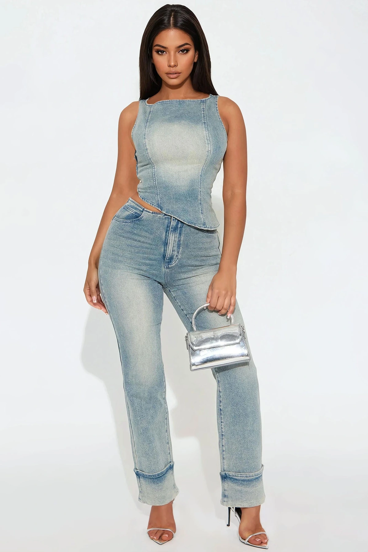 Alana Denim Pant Set - Medium Wash — Ganga de lavagem média