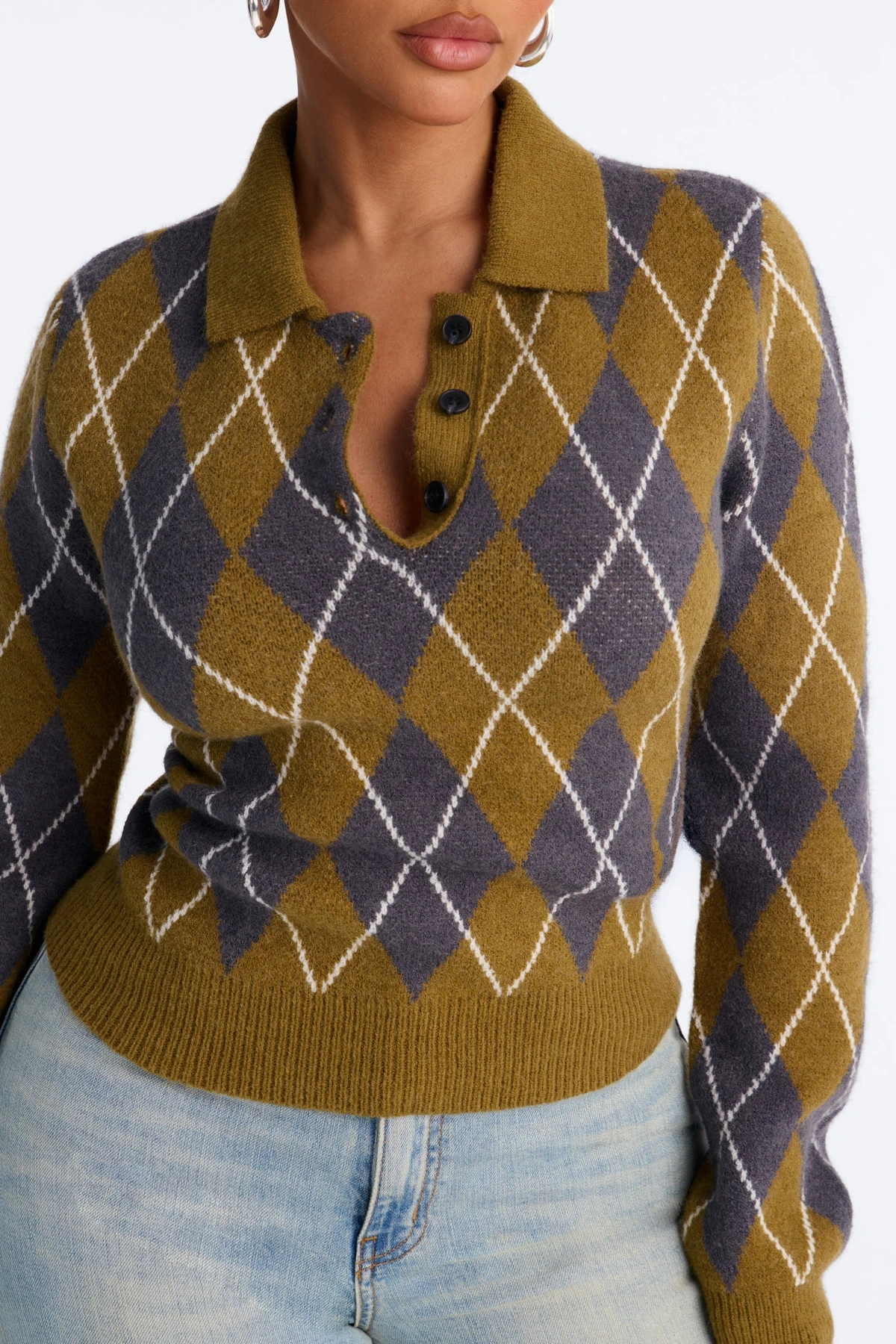 Steady Flow Argyle Polo Sweater - Olive/combo — Verde-azeitona/combinação