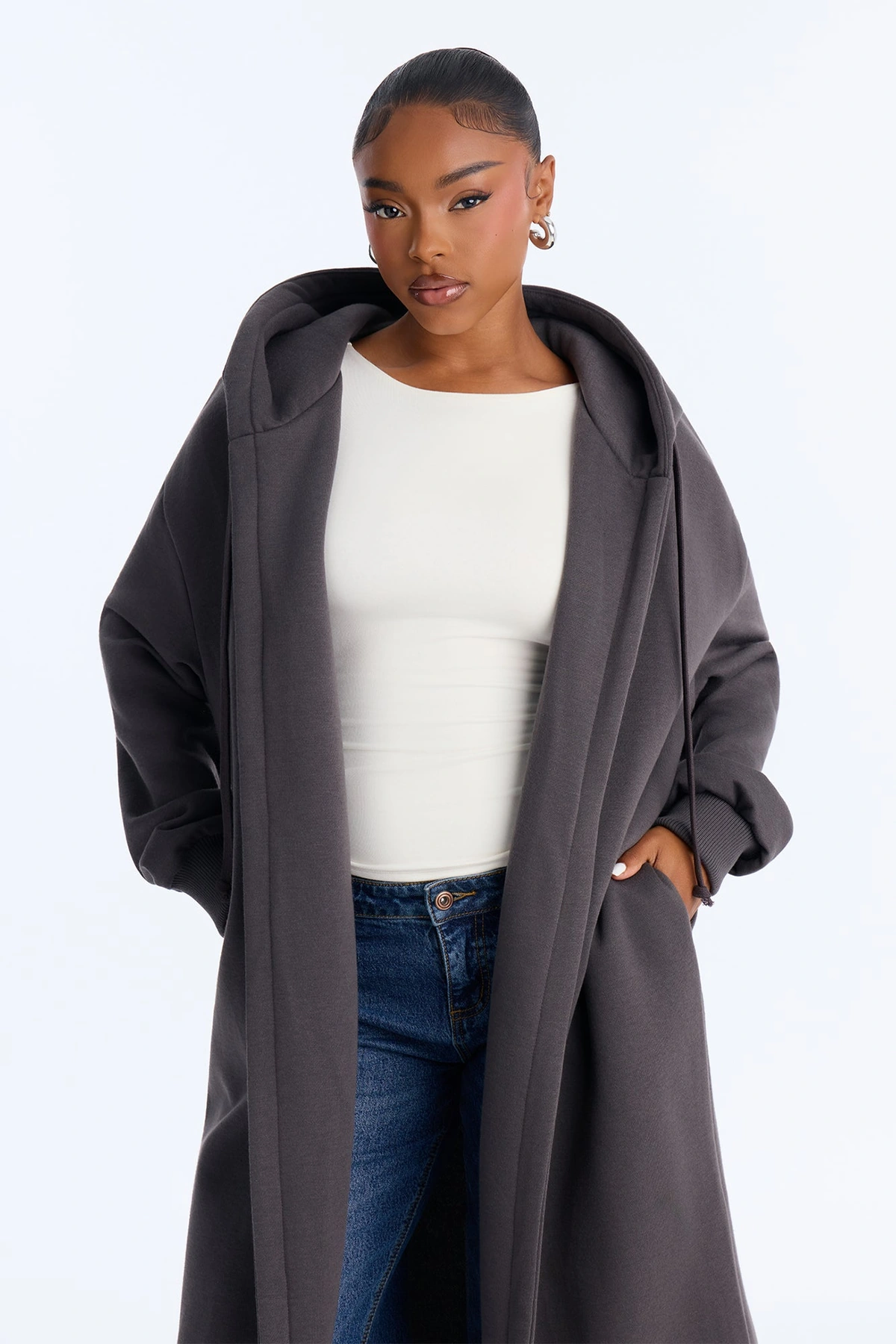 Jolie Cozy Fleece Trench - Charcoal — Cinzento-escuro