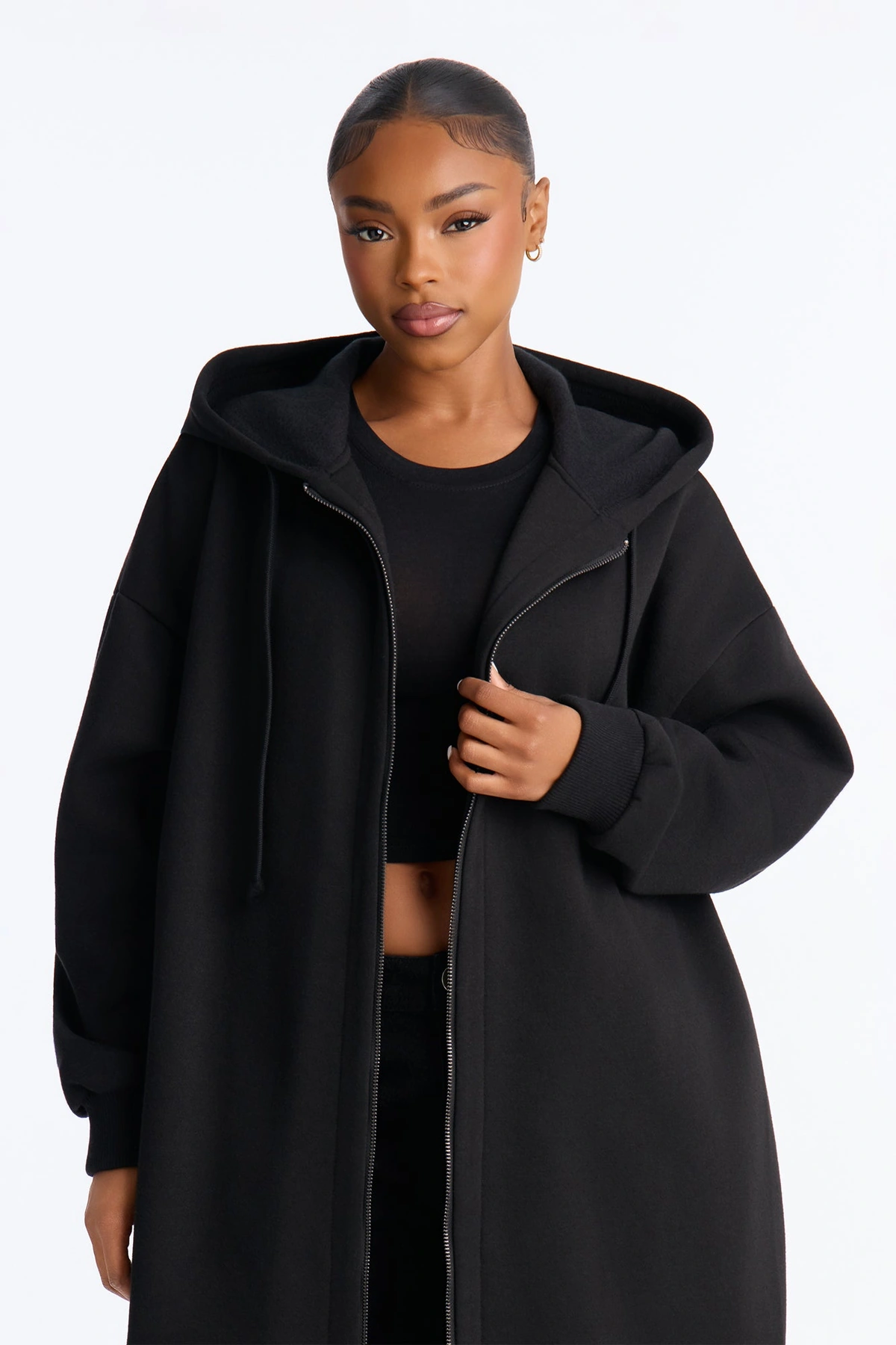 Sunday Lounge Fleece Hooded Long Jacket - Black — Preto